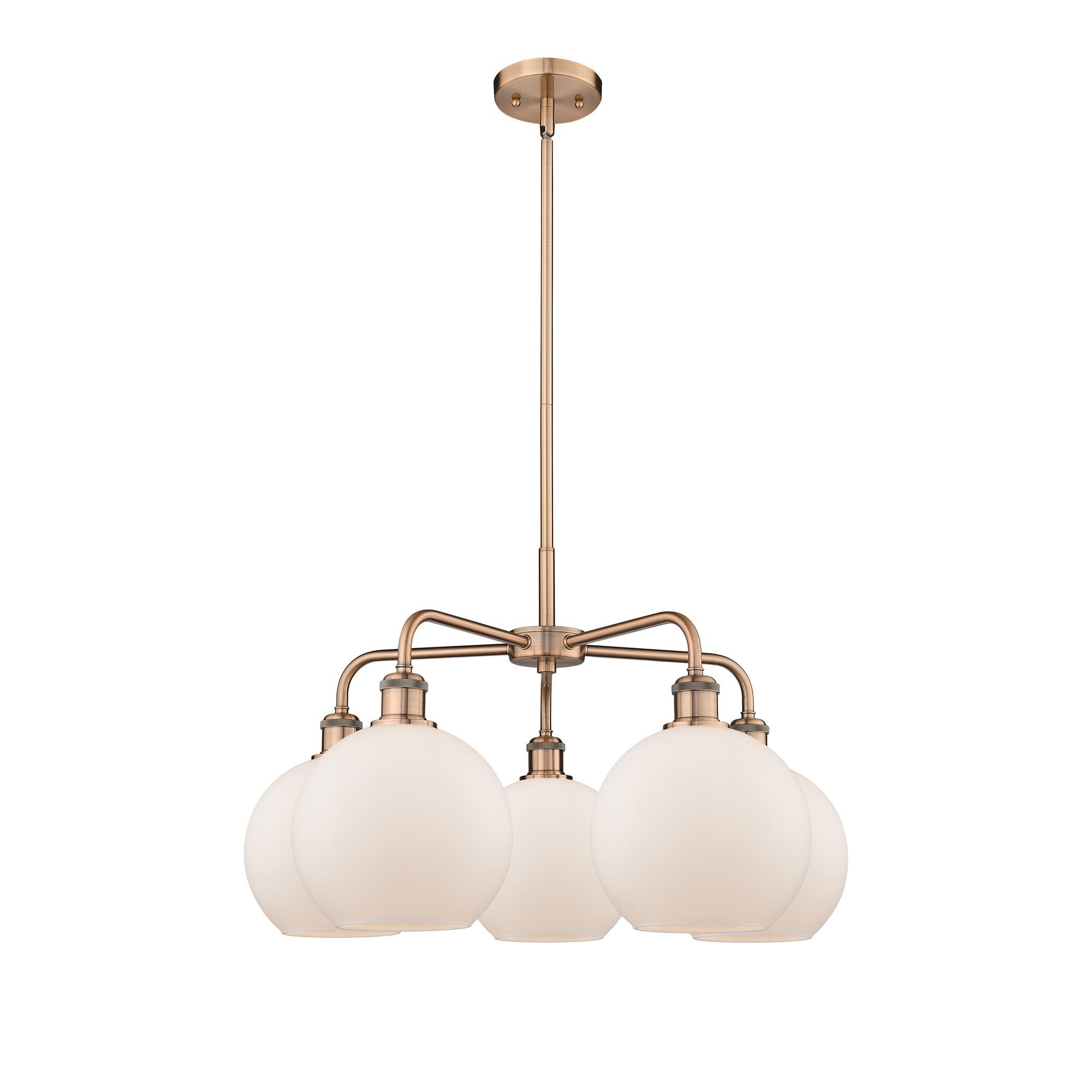 Shown in Antique Copper finish and Matte White glass