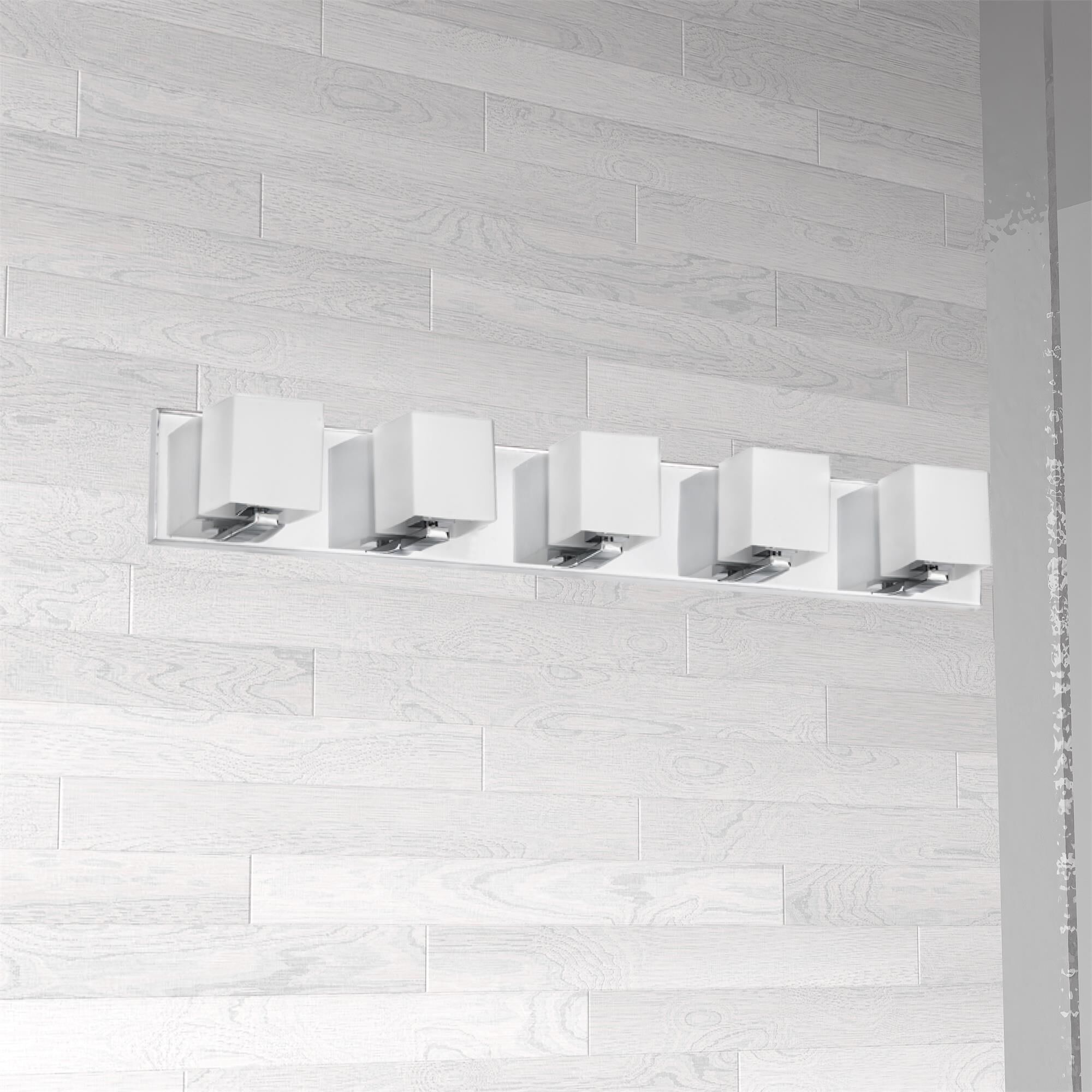 Shown in Polished Chrome and Frosted finish and White Square glass