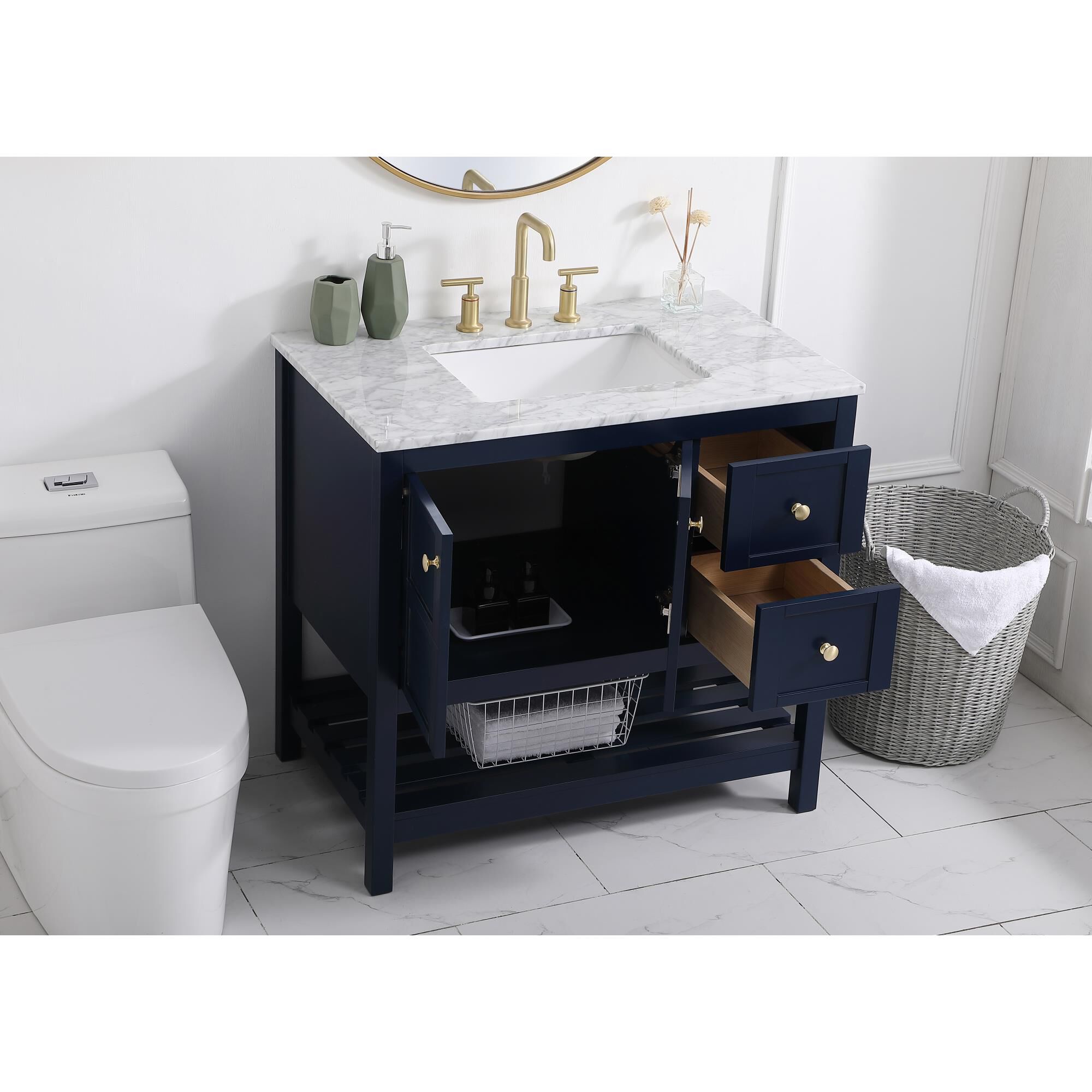 Shown in Blue And Gold With Carrara White Marble finish