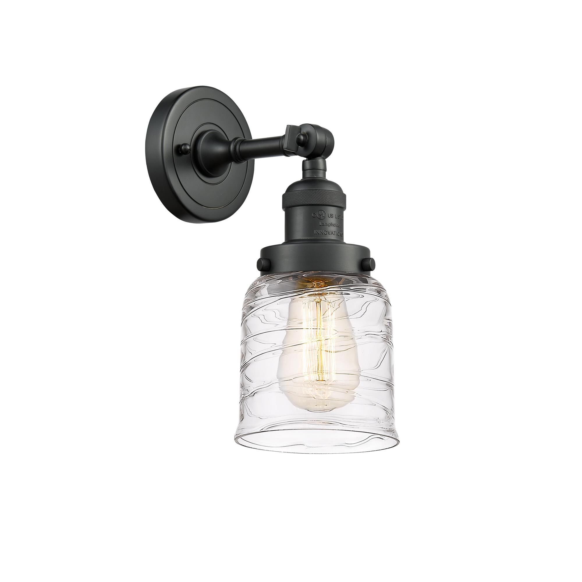 Shown in Matte Black finish and Deco Swirl glass
