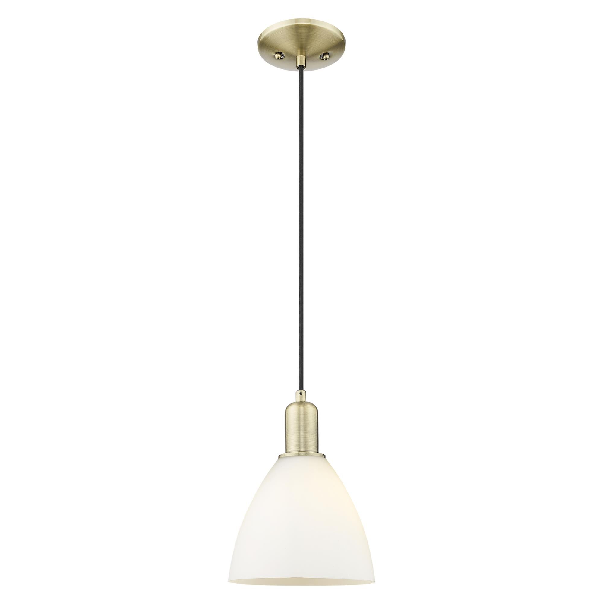 Shown in Antique Brass finish and Matte White glass