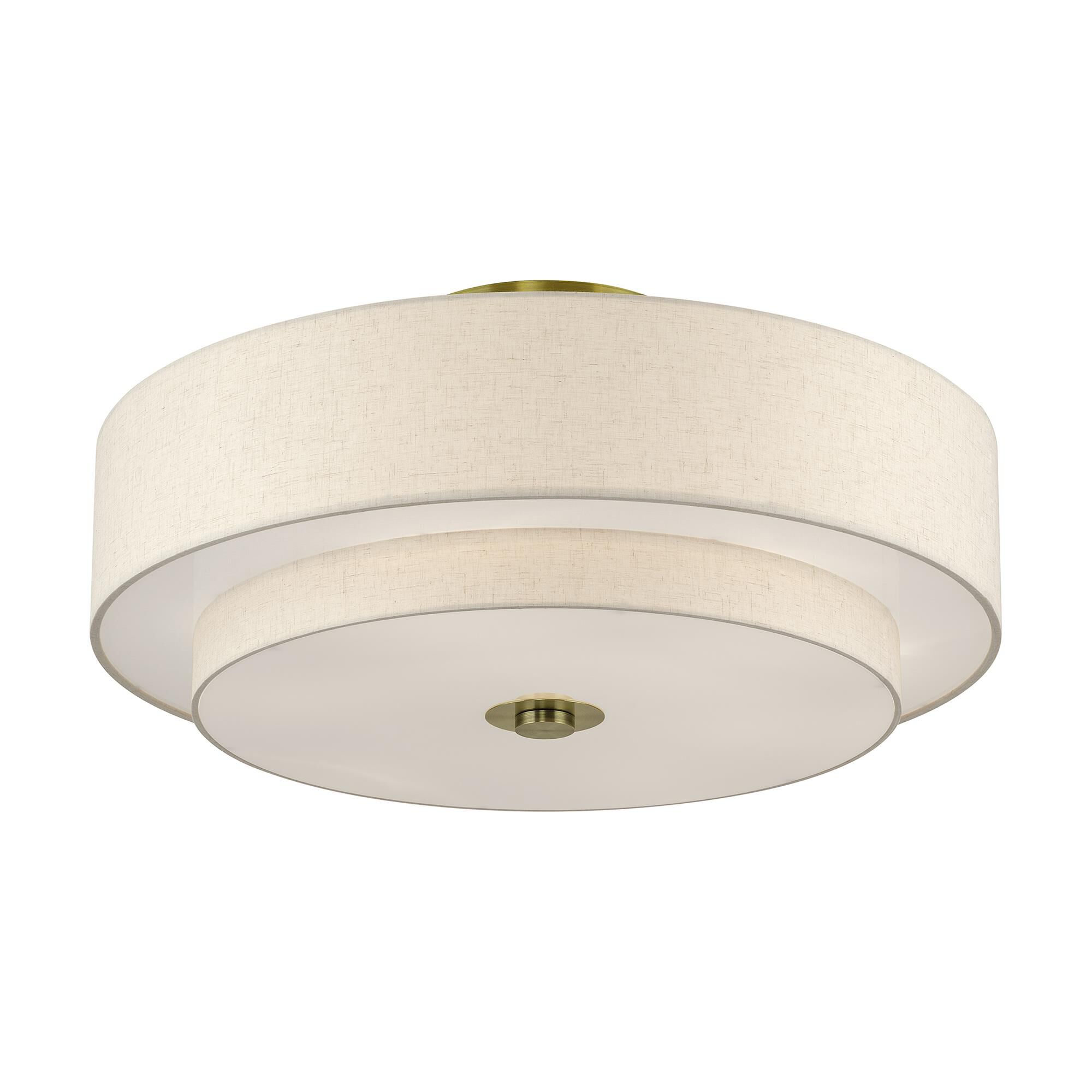 Shown in Antique Brass finish and Hand Crafted Oatmeal Color Fabric with White Color Inside shade