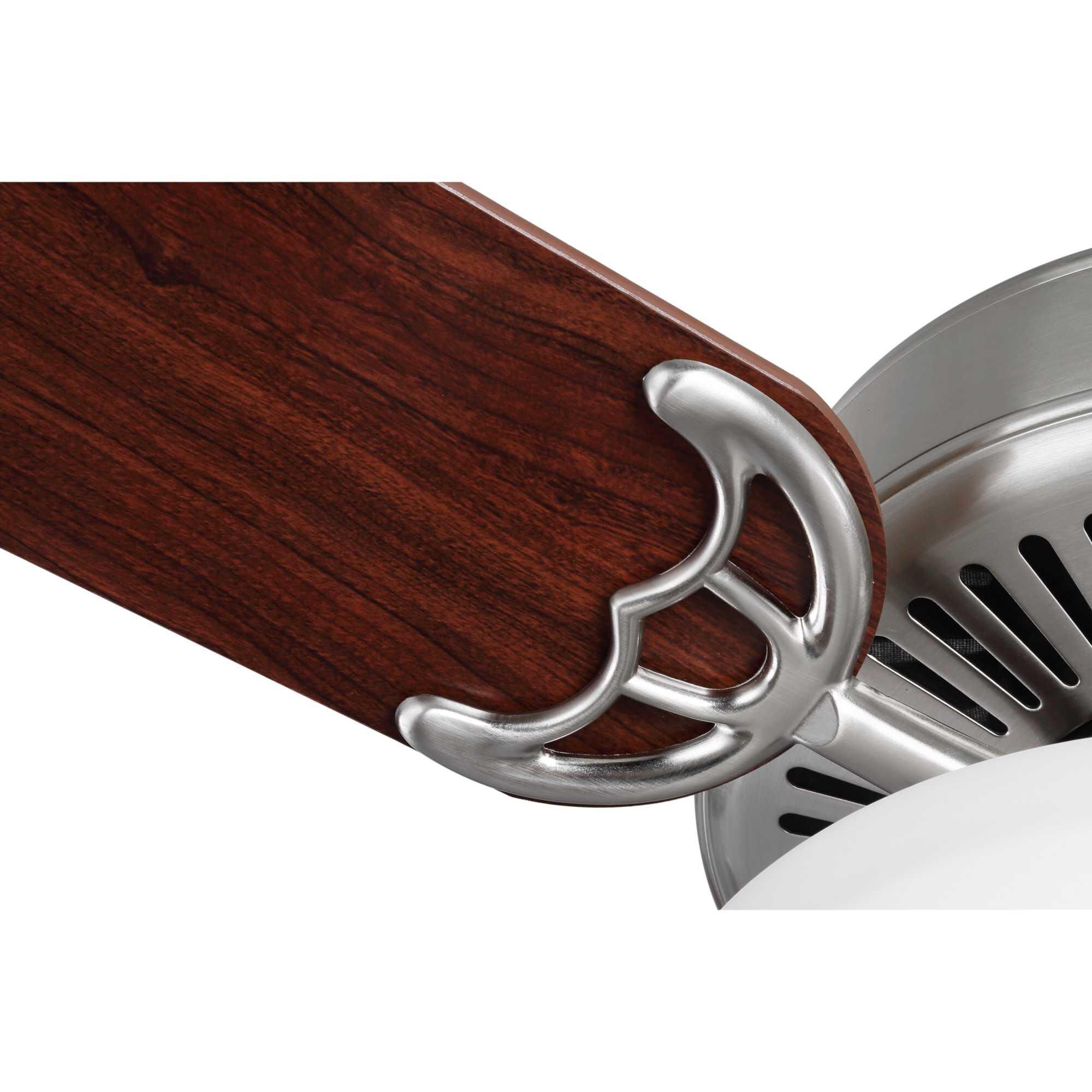 Shown in Brushed Nickel finish and White Etched glass and Fob Finish - Maple & Pull Chain Finish - Chrome accent