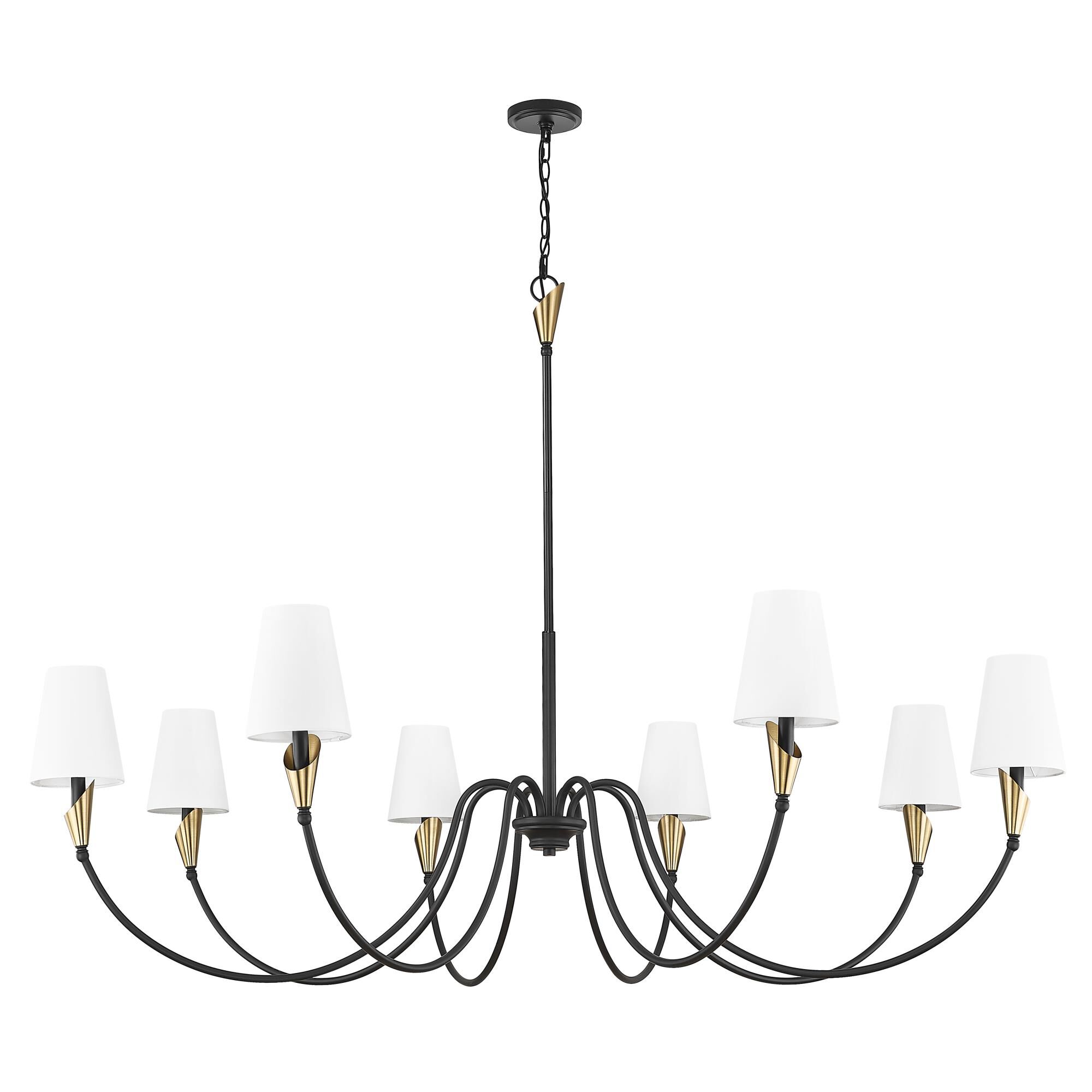 Shown in Matte Black And Modern Gold finish and White glass and White shade