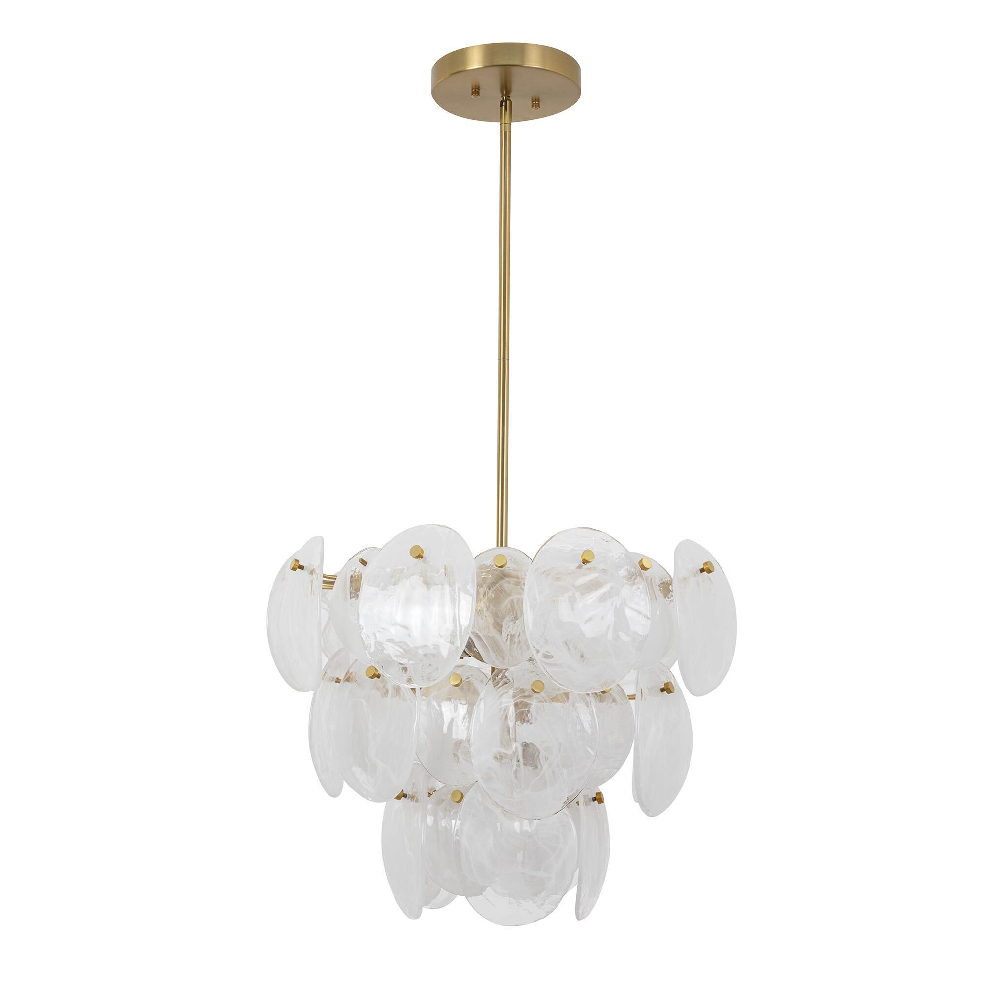 Shown in Brushed Brass finish and Wispy White Murano Style glass