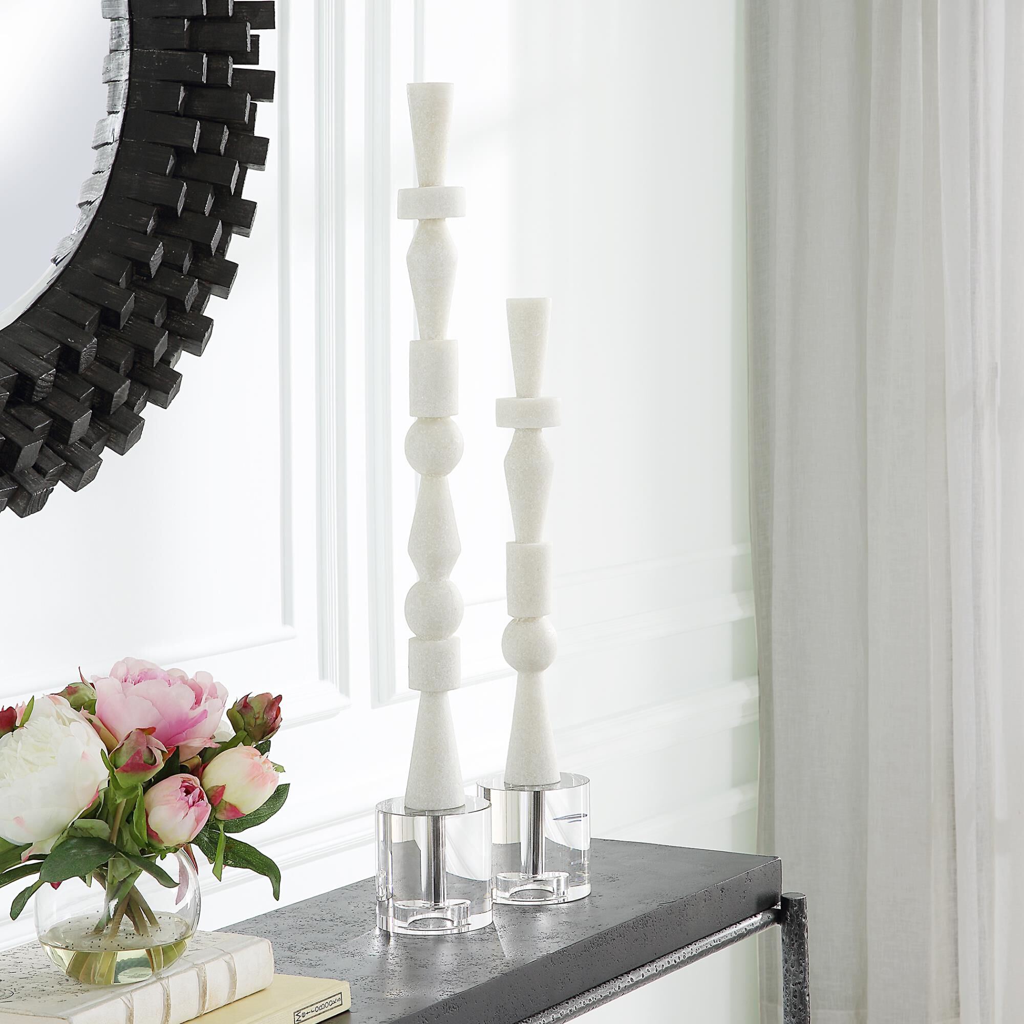 Shown in Geometric, Stacked Totems Crafted From Ivory Man-Made Stone That Accurately Replicates The Look Of T finish