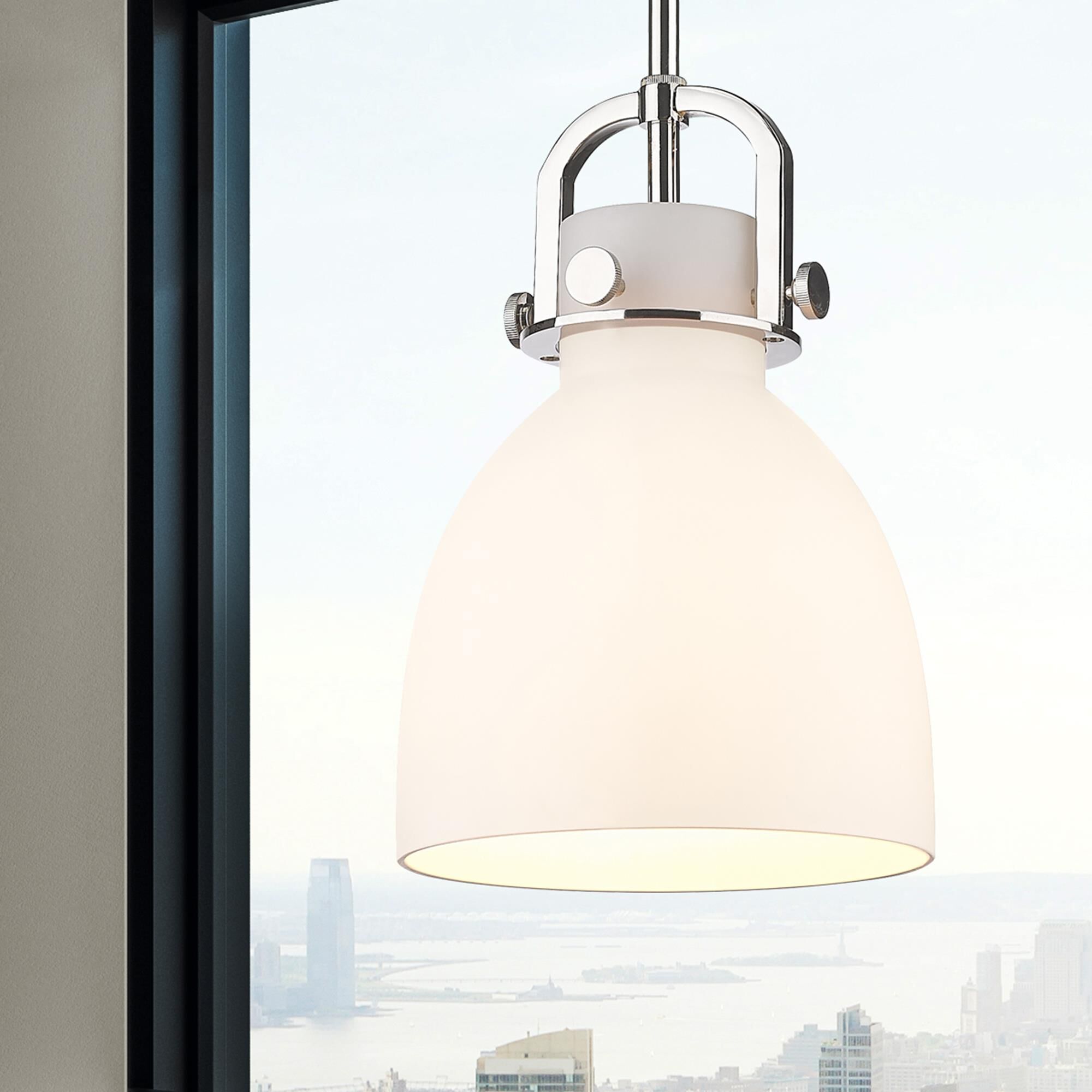 Shown in Polished Nickel finish and Matte White glass