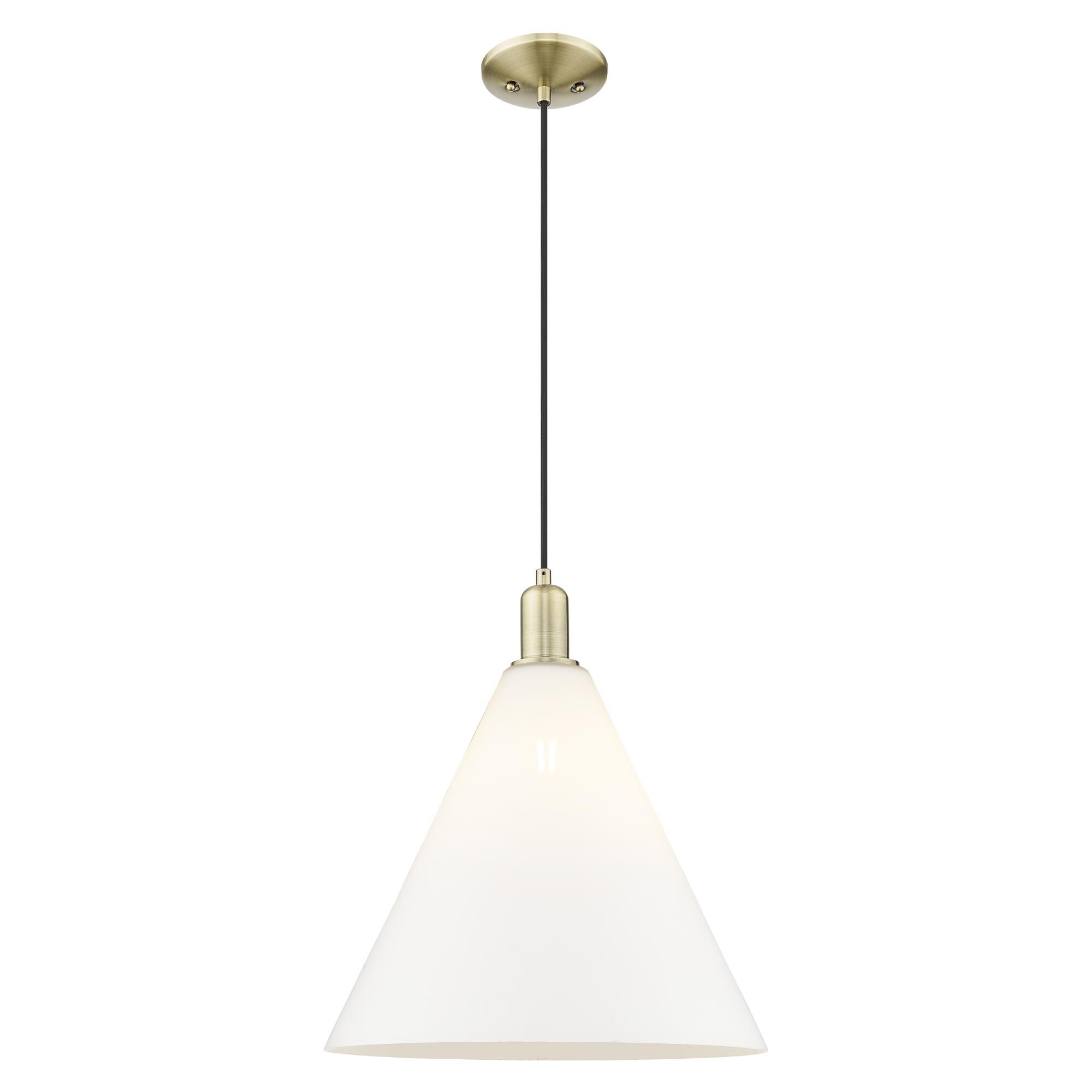 Shown in Antique Brass finish and Matte White glass