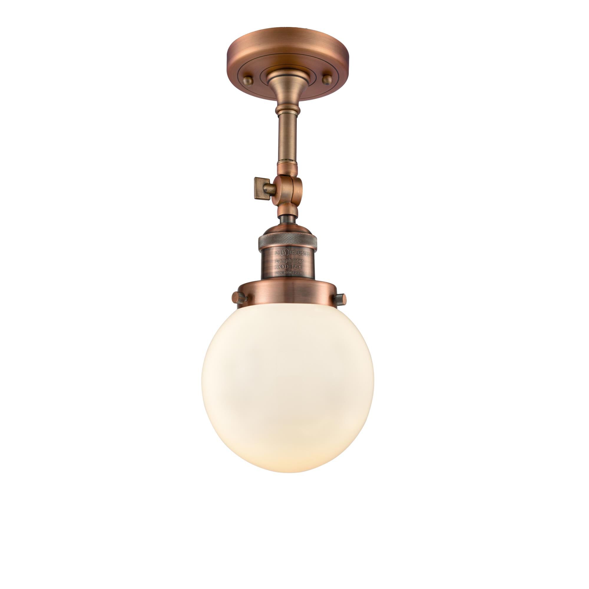 Shown in Antique Copper finish and Matte White Cased glass and No Accent accent