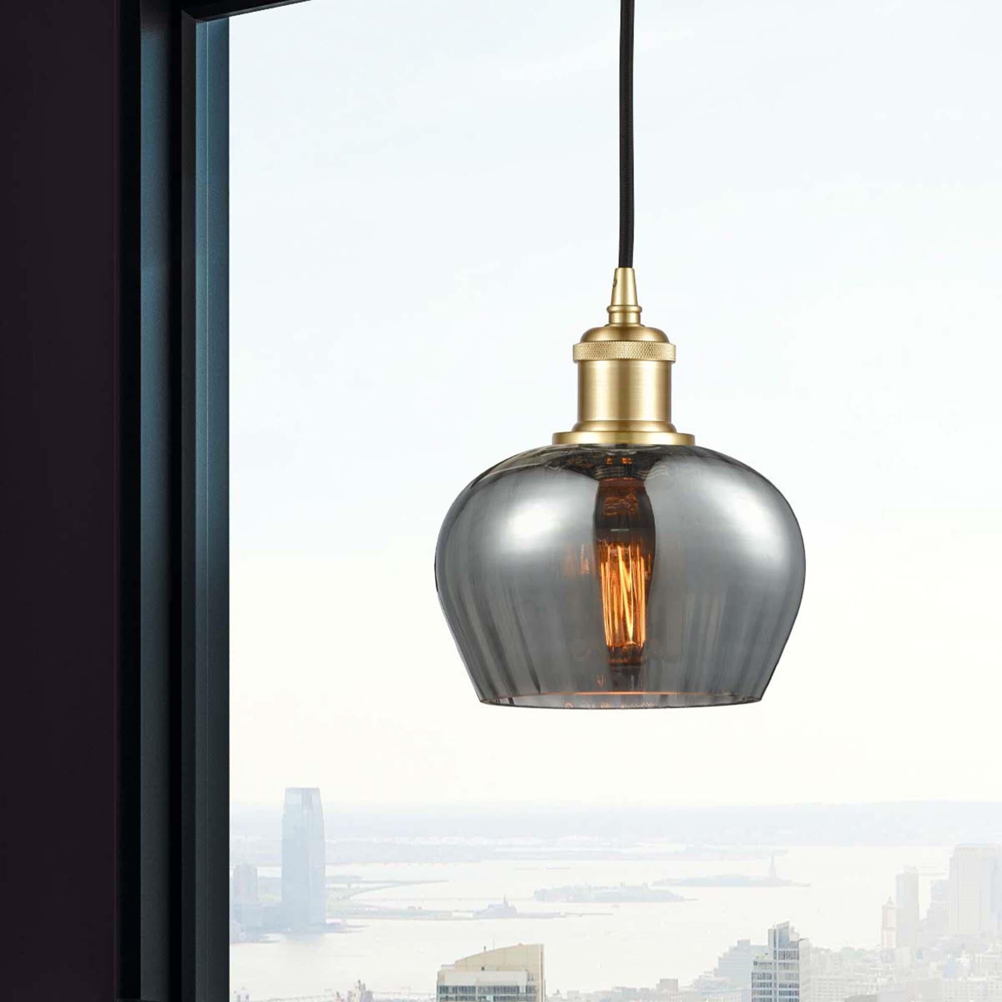 Shown in Satin Gold finish and Plated Smoke Fenton glass and Matte Black Smithfield shade and Polished Chrome accent