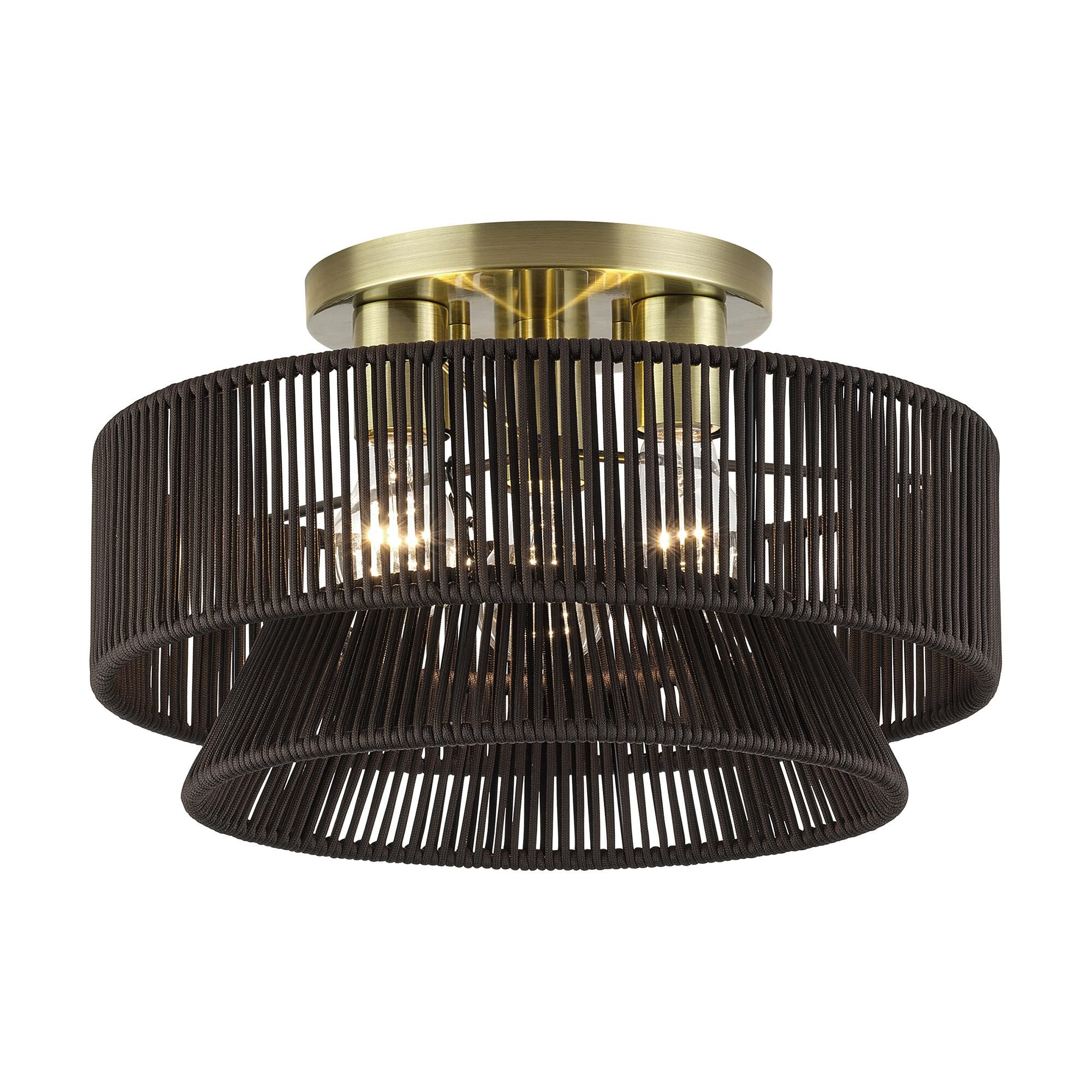 Shown in Antique Brass finish and Hand-Woven Dark Chocolate Color Polyester Rope shade
