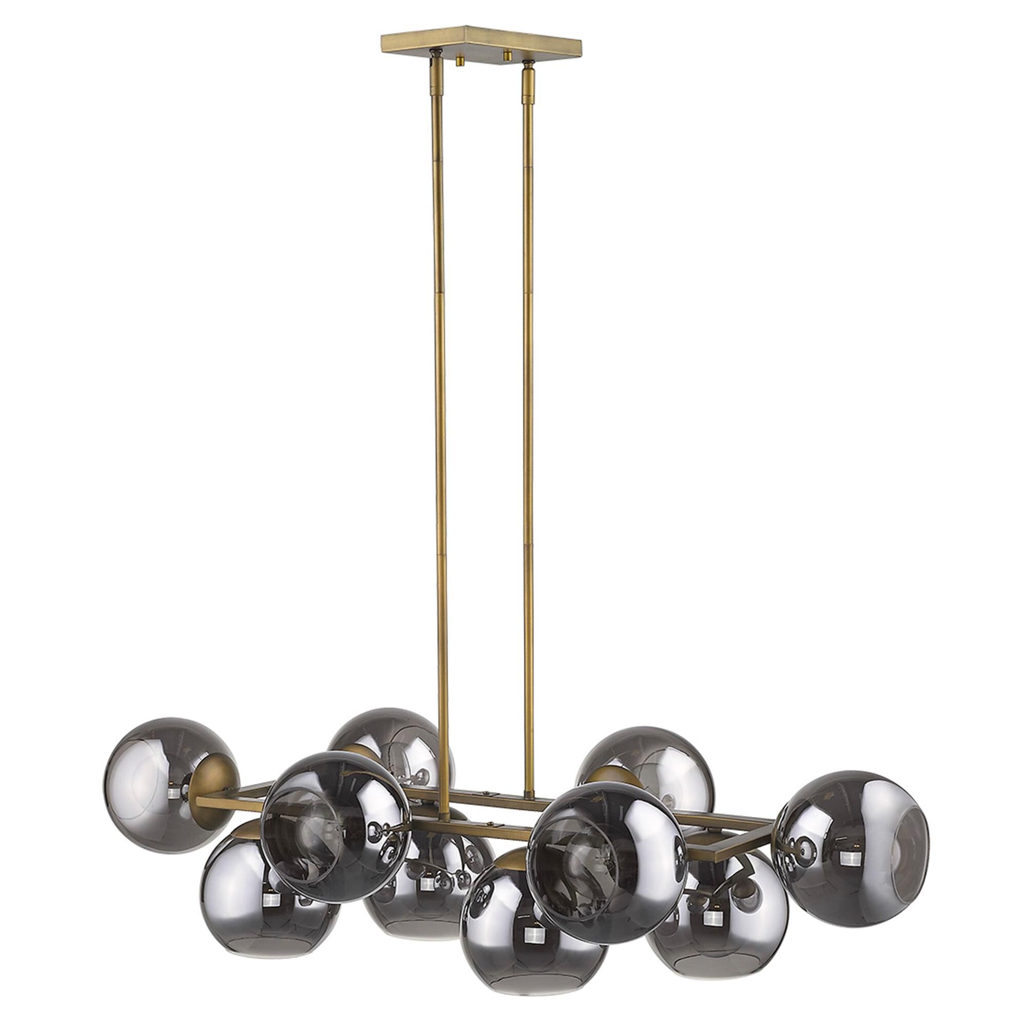 Shown in Aged Brass finish and Smoke glass and Smoke Glass Globes shade