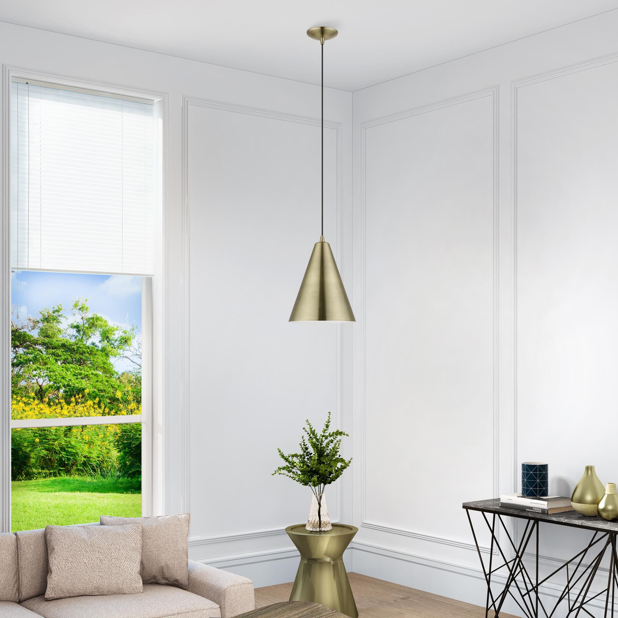 Shown in Antique Brass finish and Antique Brass Metal with Shiny White Inside shade