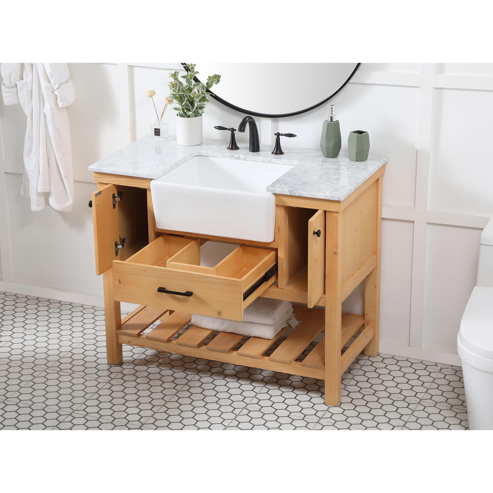 Shown in Natural Wood finish and Without Backsplash accent