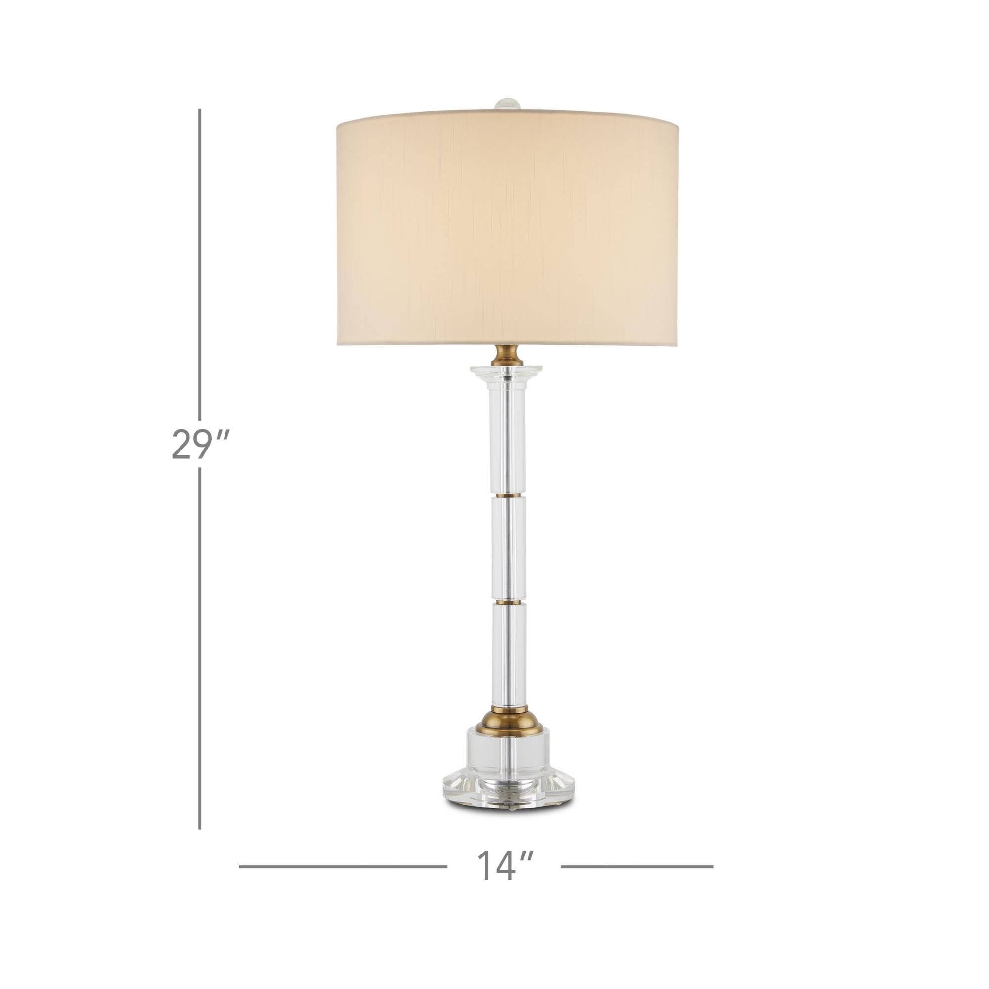 Shown in Clear, Antique Brass finish and Off-White Shantung shade