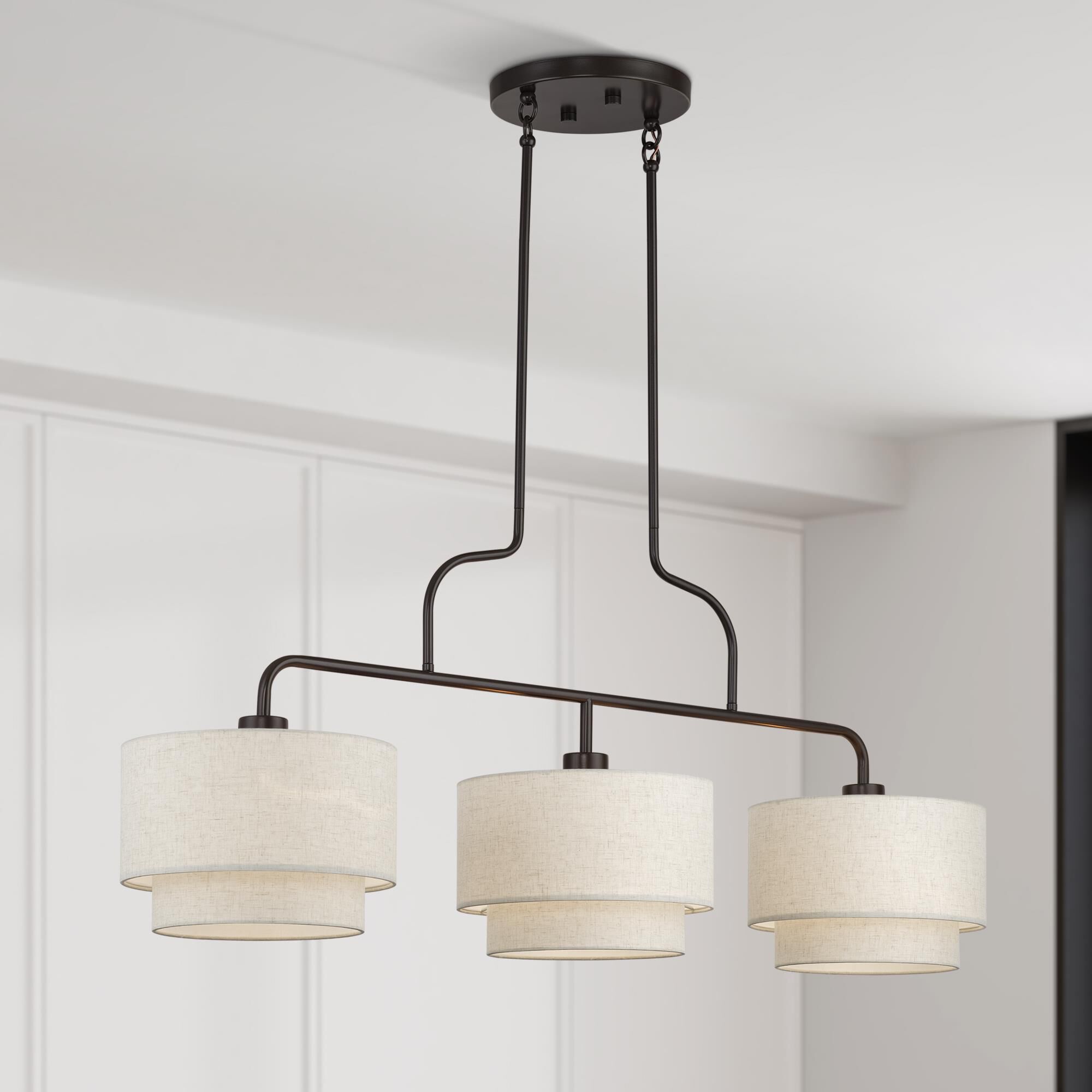 Shown in English Bronze finish and Hand Crafted Oatmeal Color Fabric with White Color Inside shade