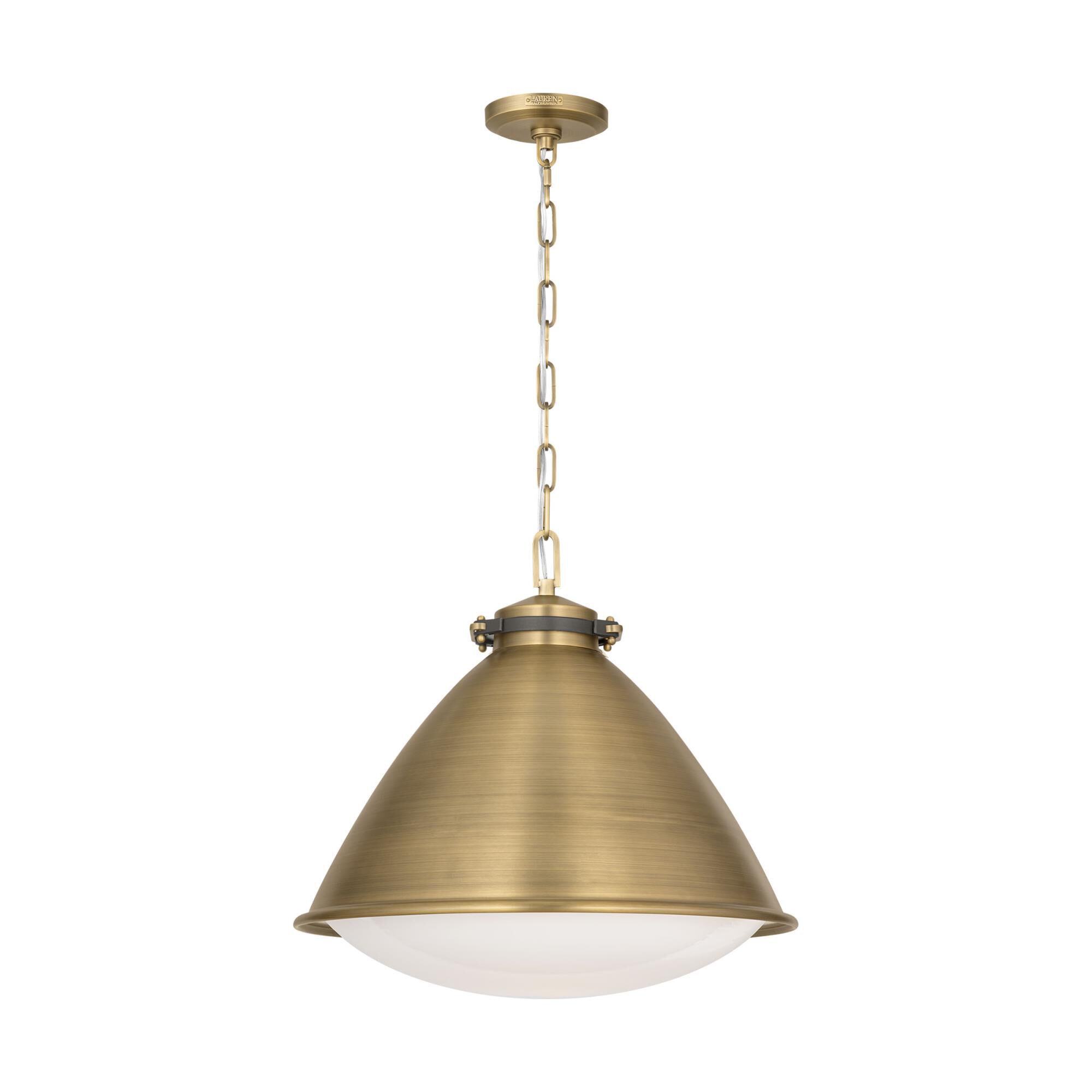 Shown in Time Worn Brass finish and Milk glass