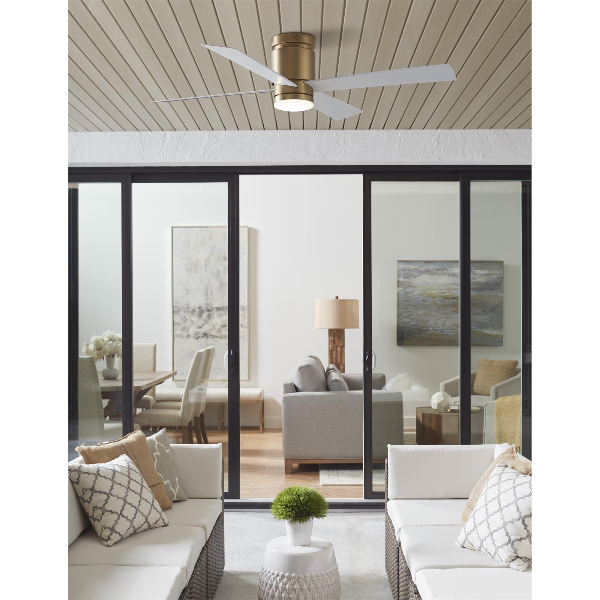 Shown in Brushed Satin Brass finish and Opal Frosted glass