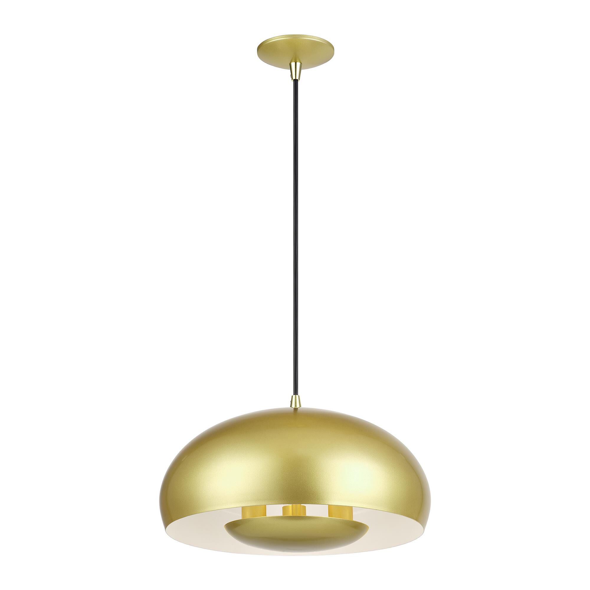 Shown in Soft Gold with Polished Brass Accents finish and Soft Gold Steel with Shiny White Inside shade