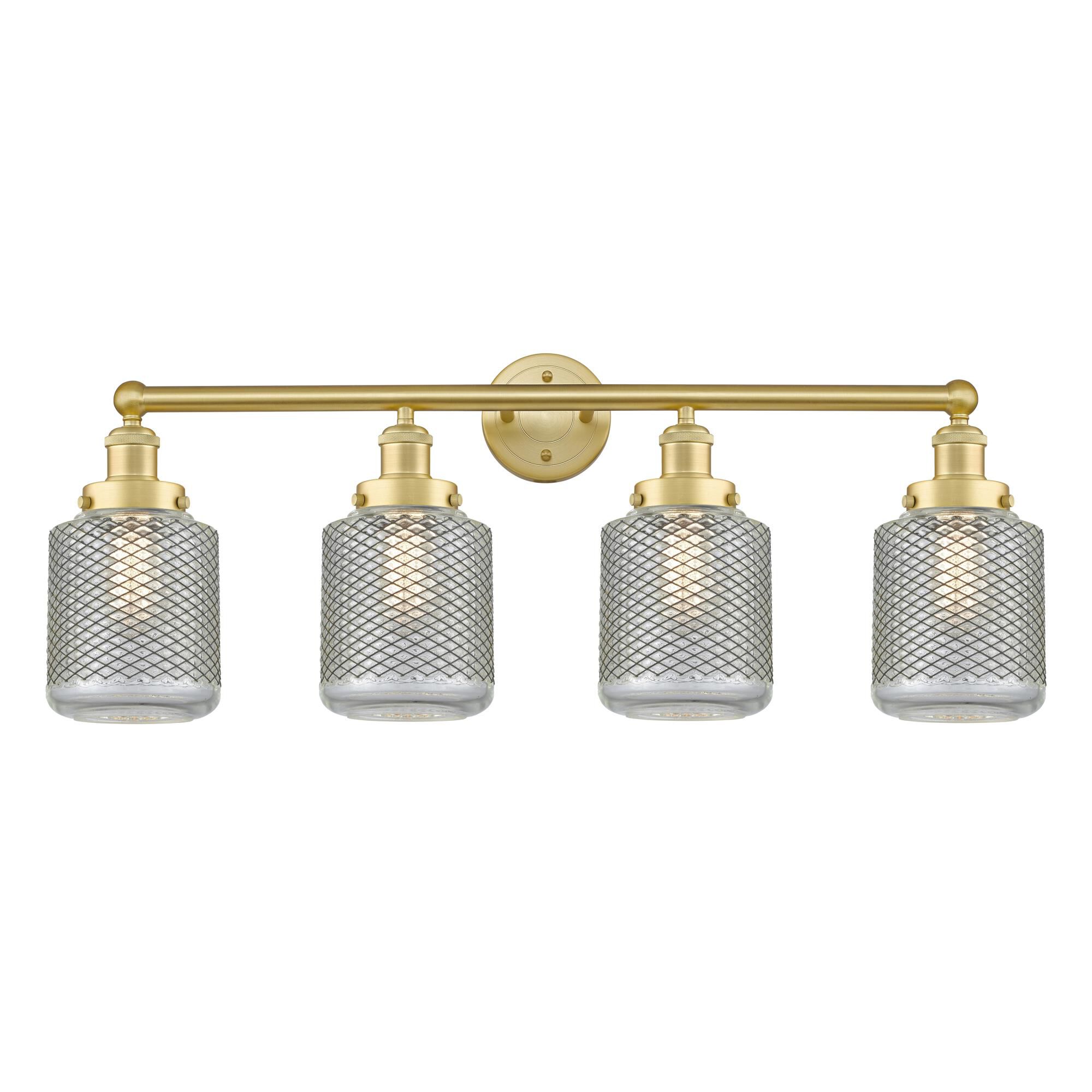 Shown in Satin Gold finish and Clear Wire Mesh glass