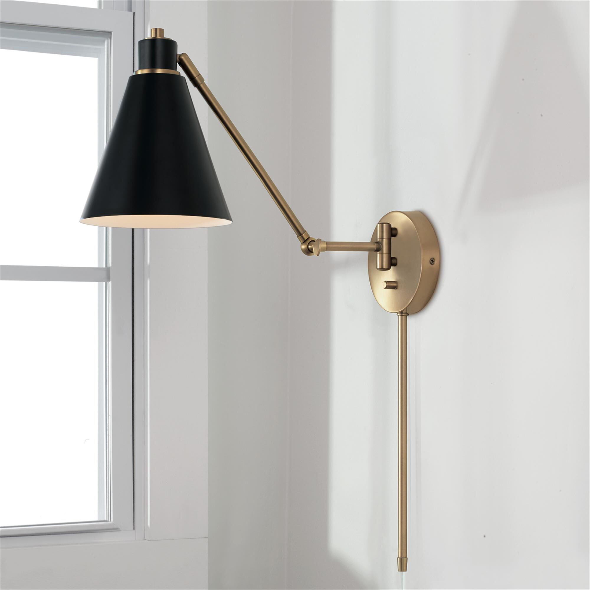 Shown in Aged Brass and Black finish and Black Metal  with White Interior shade