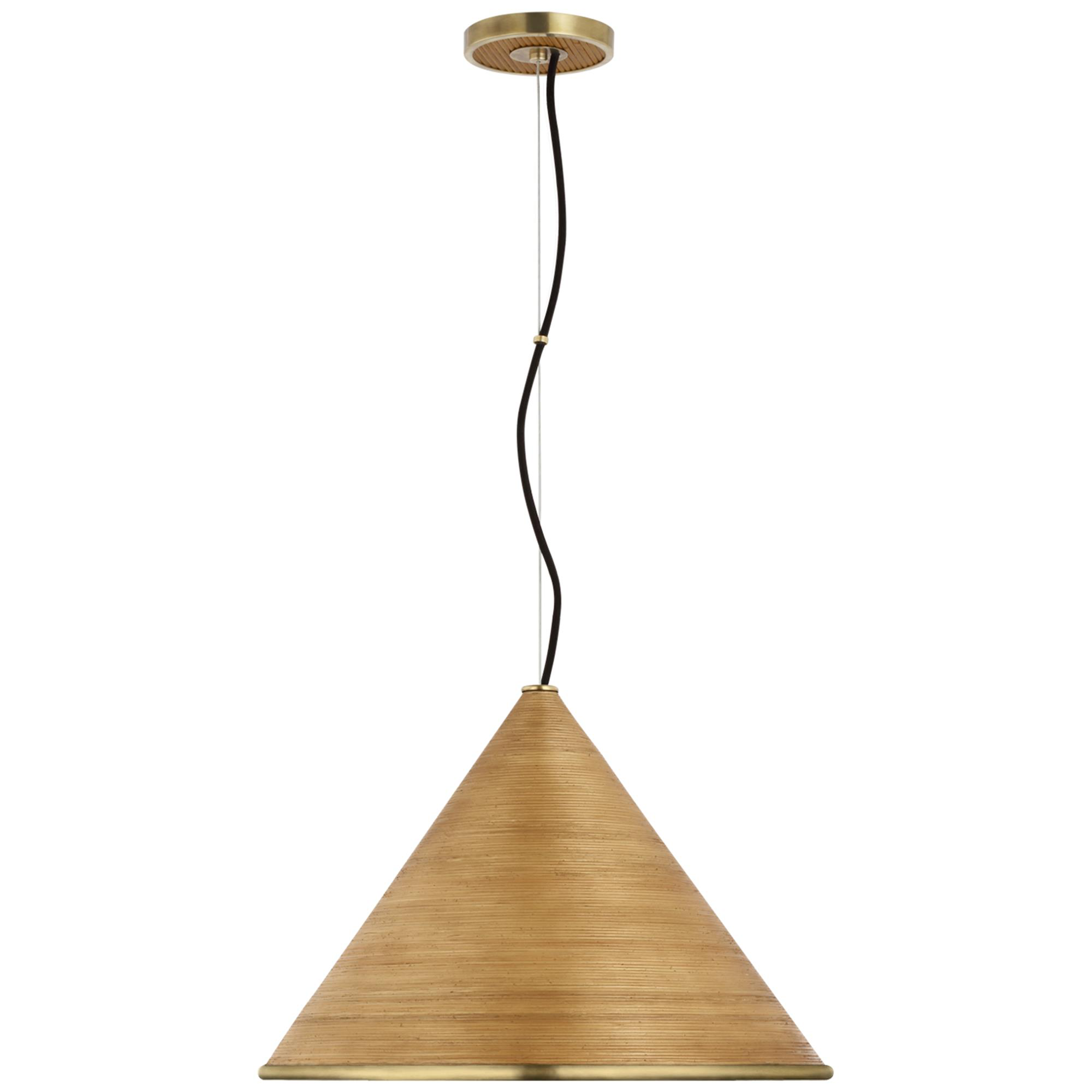 Shown in Hand-Rubbed Antique Brass finish and Dark Rattan shade