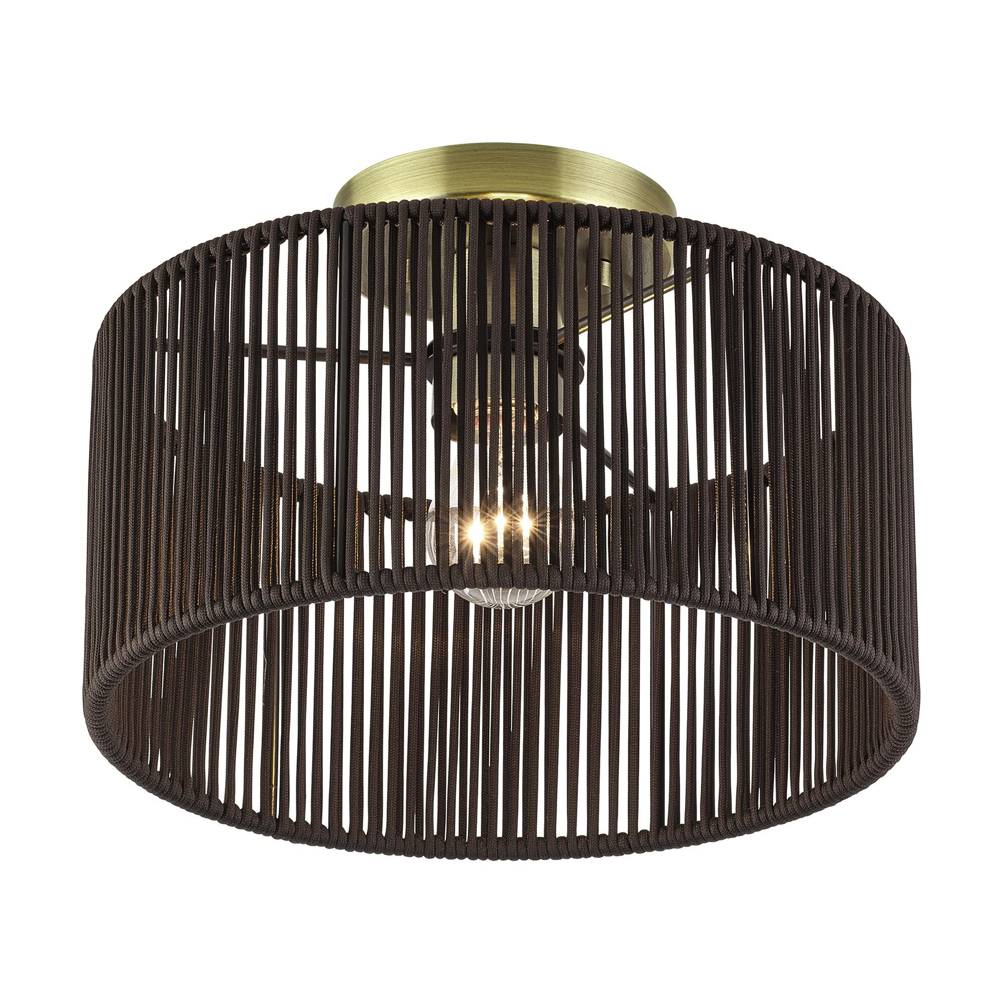 Shown in Antique Brass finish and Hand-Woven Dark Chocolate Color Polyester Rope shade