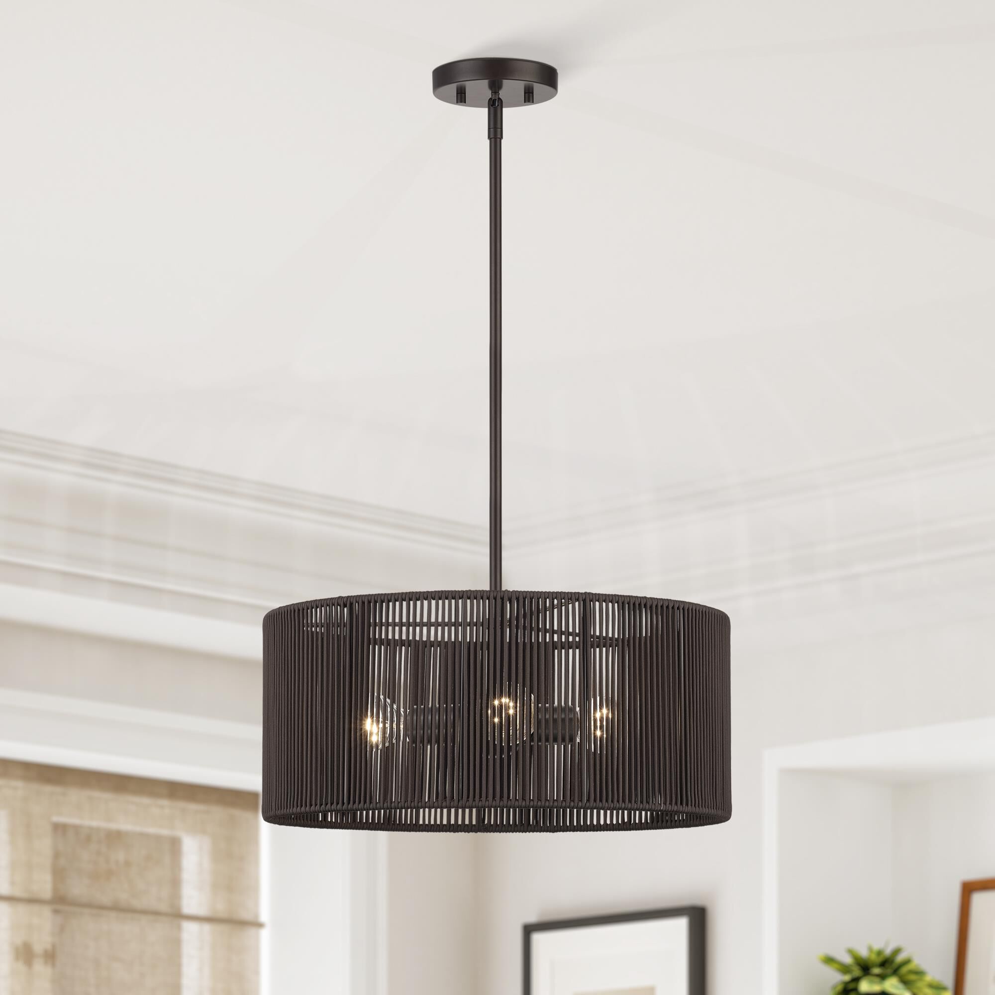 Shown in English Bronze finish and Hand-Woven Dark Chocolate Color Polyester Rope shade