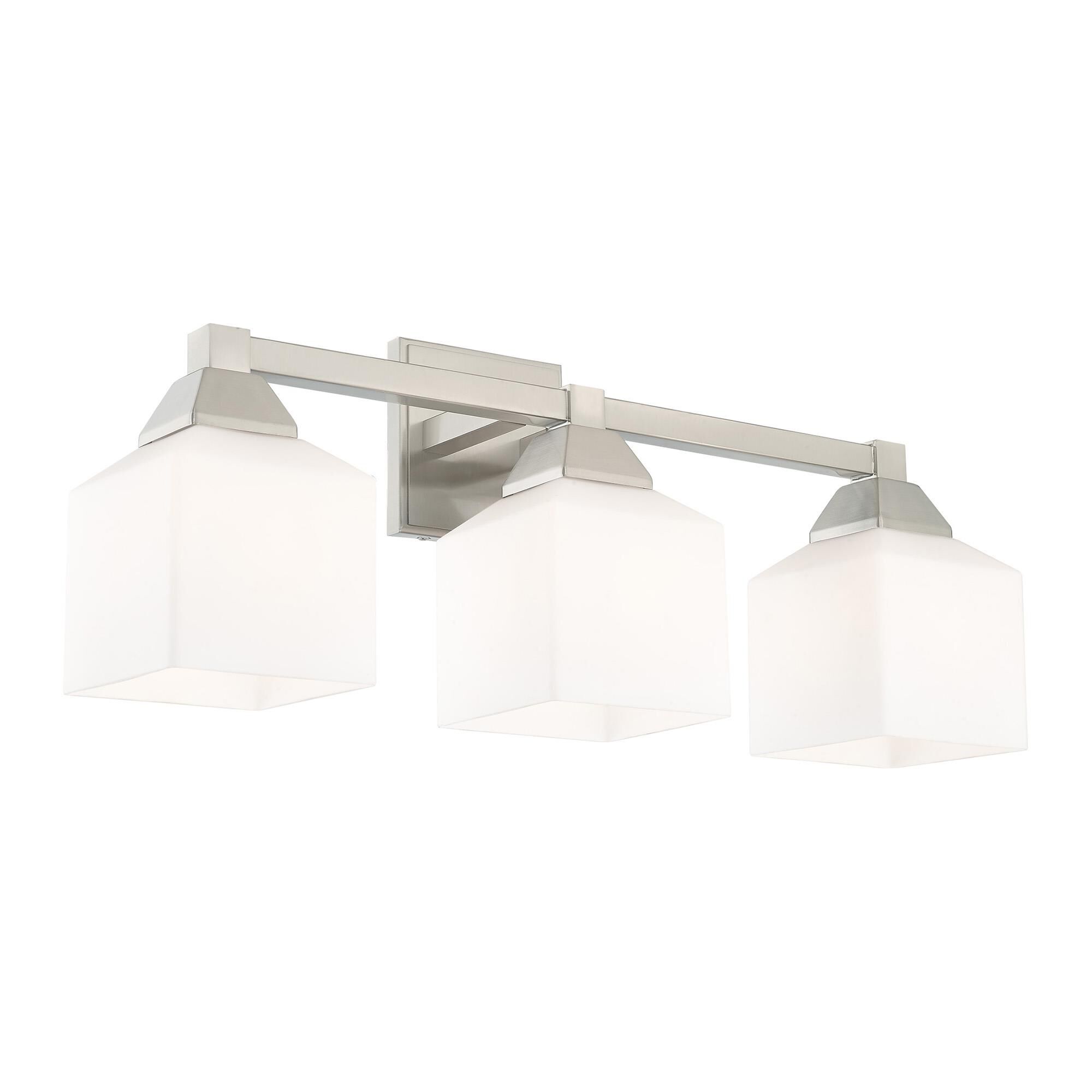 Shown in Brushed Nickel finish and Hand Blown Satin Opal White glass