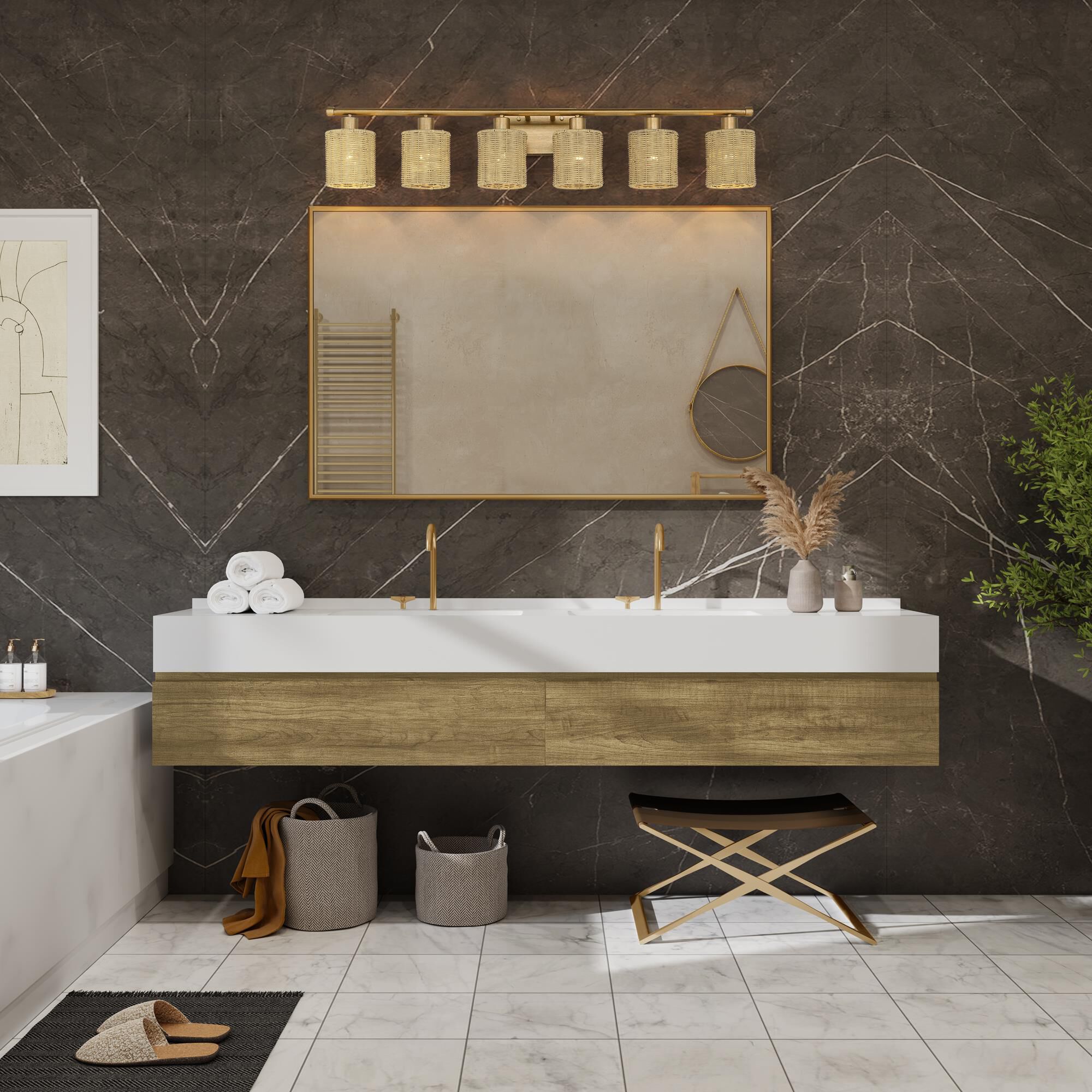 Shown in Antique Gold Leaf finish and Hand-Woven Rustic Walnut Color Rattan shade