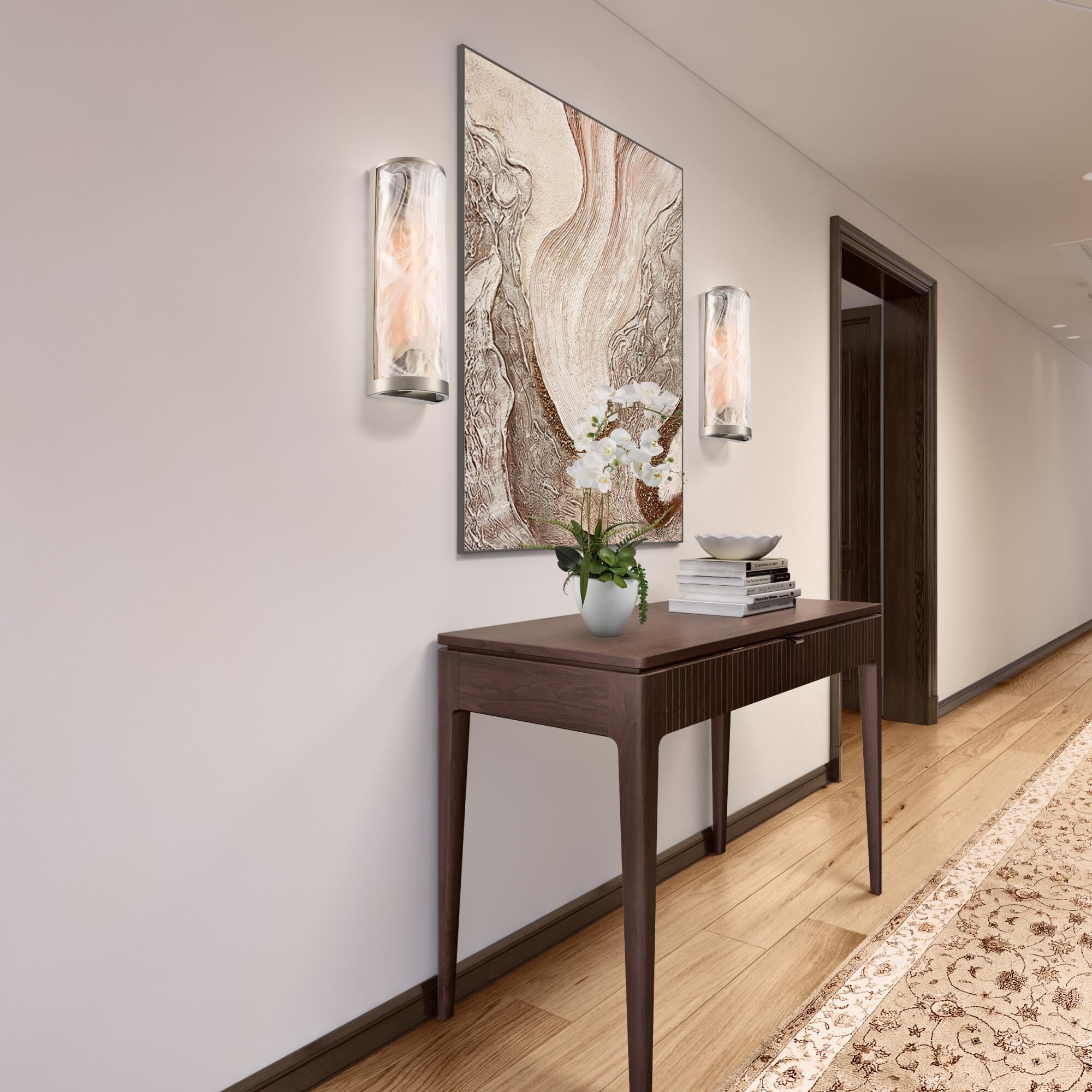 Shown in Brushed Nickel finish and Clear Alabaster glass