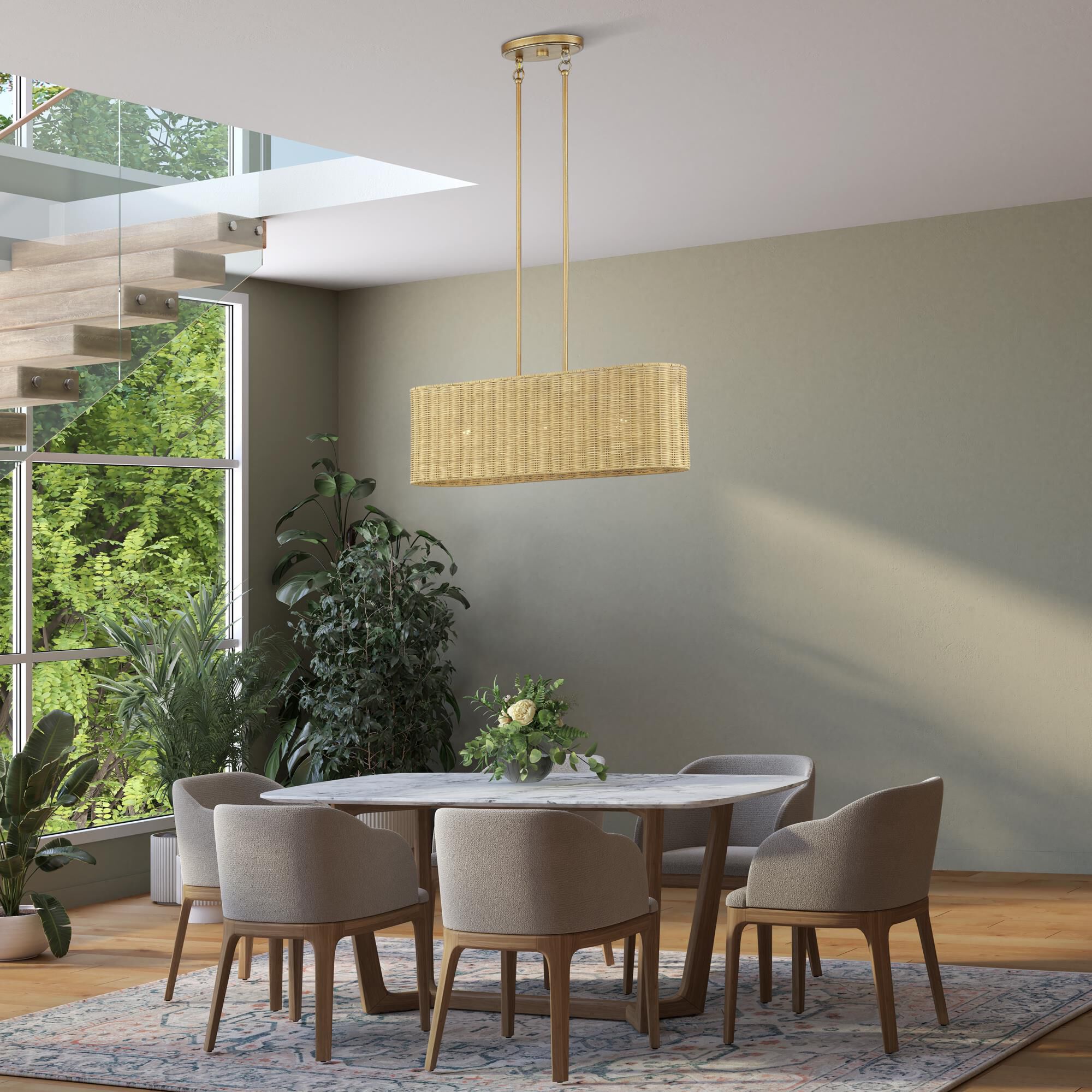 Shown in Antique Gold Leaf finish and Hand-Woven Rustic Walnut Color Rattan shade