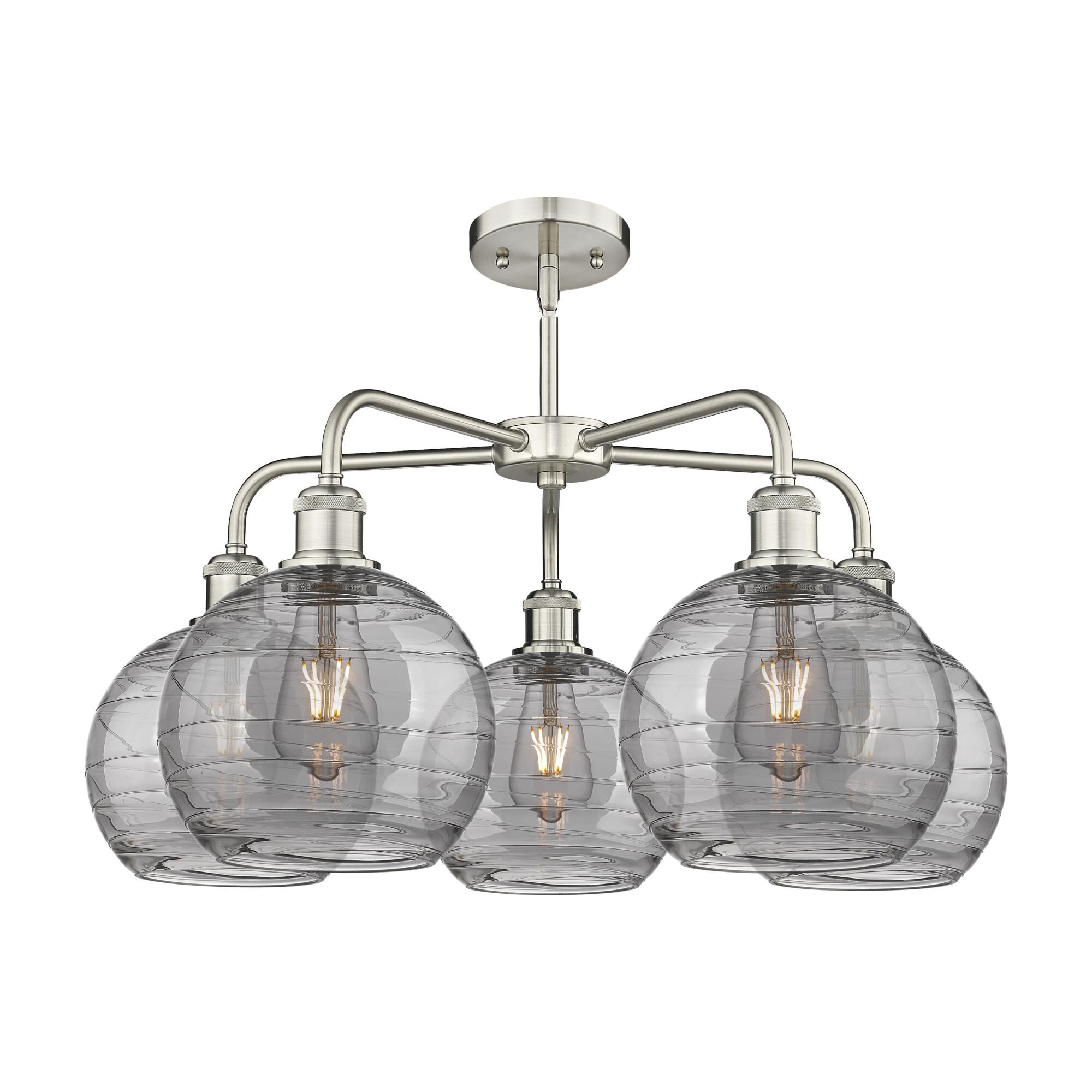 Shown in Satin Nickel finish and Light Smoke Deco Swirl glass