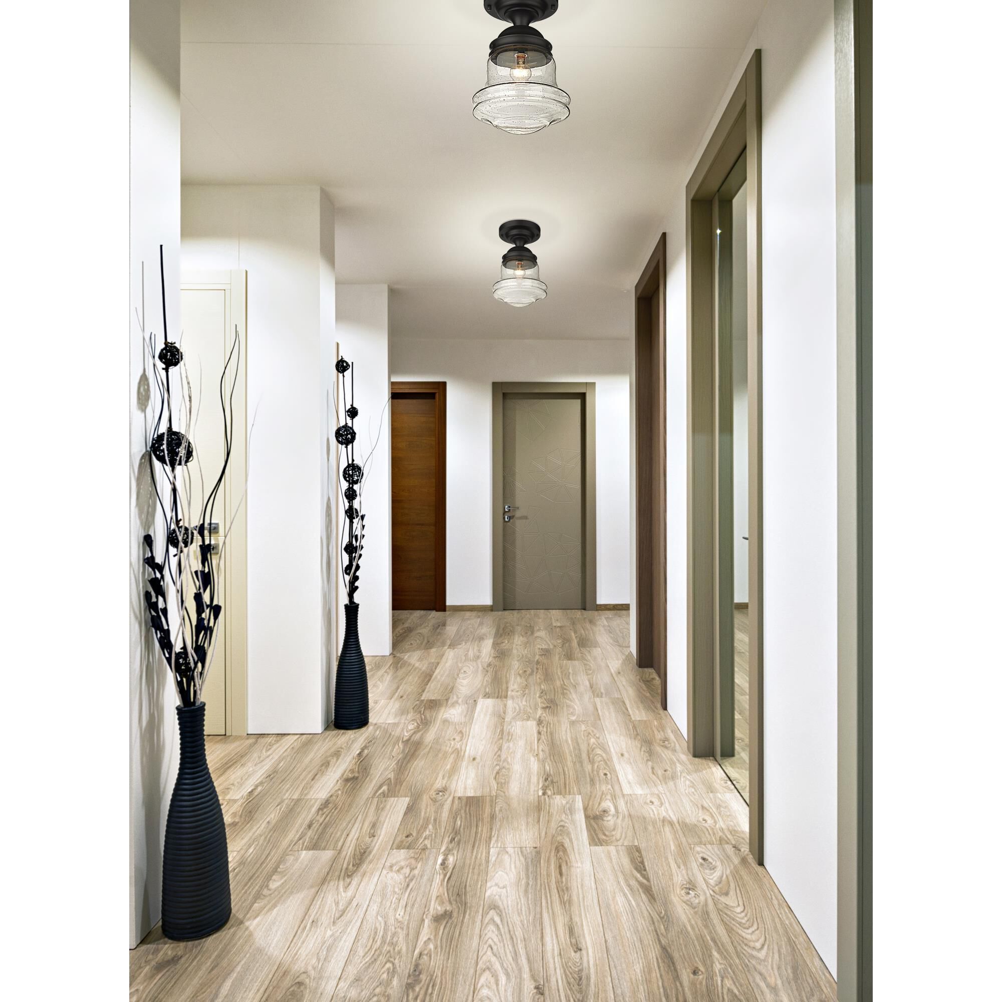 Shown in Matte Black finish and Clear Seedy glass and Clear Seedy shade