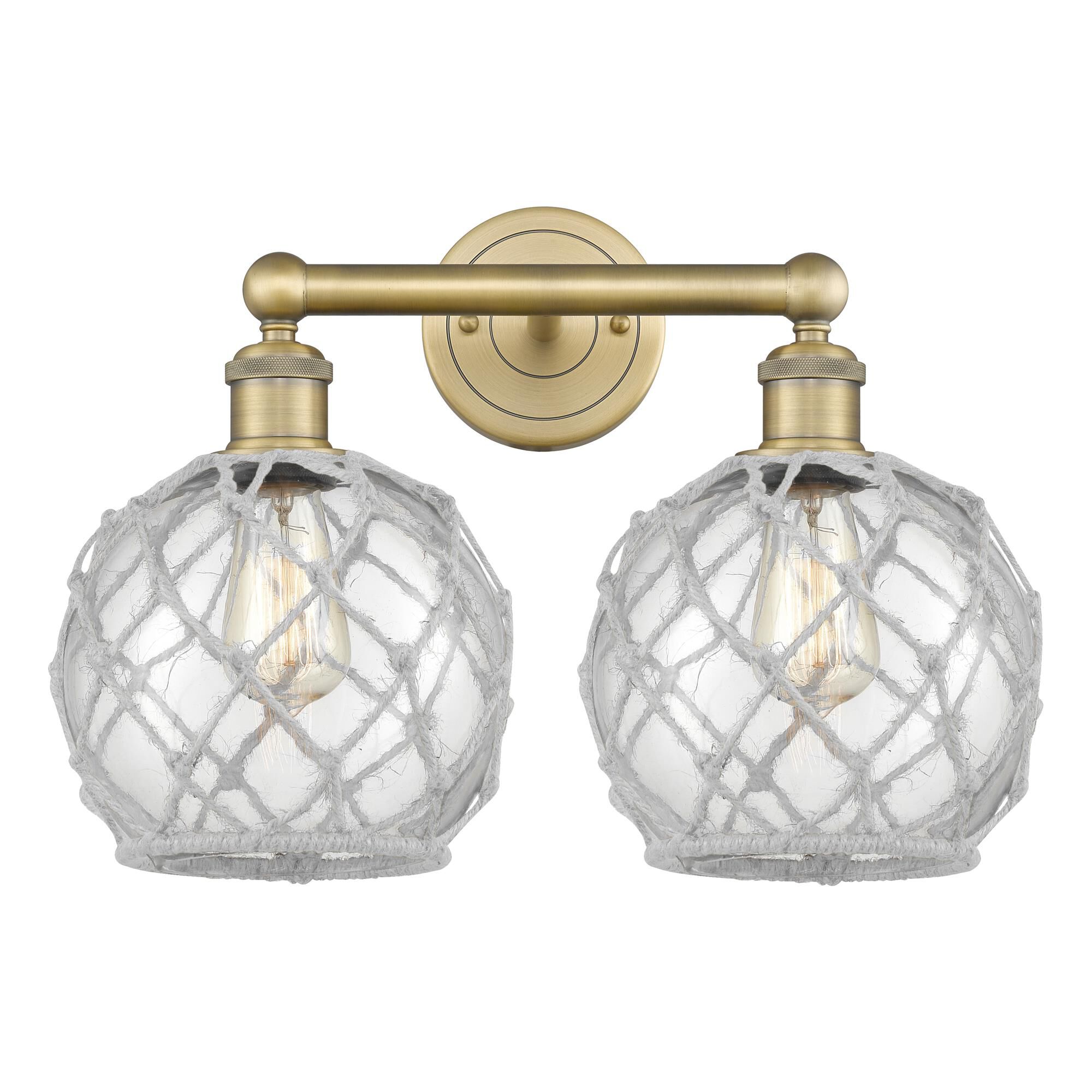 Shown in Brushed Brass finish and Clear with White Rope glass