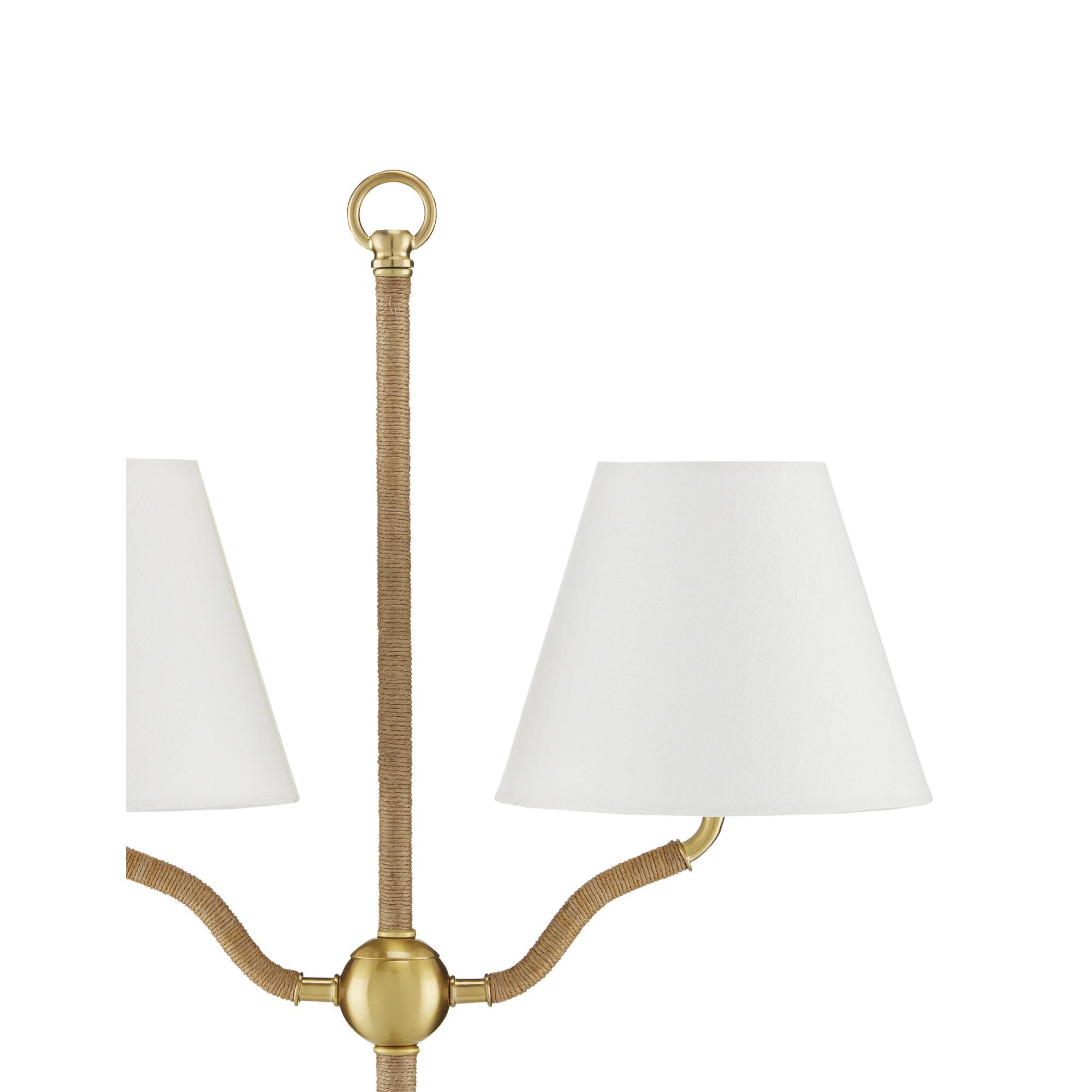 Shown in Antique Brass finish and Off-White Linen shade