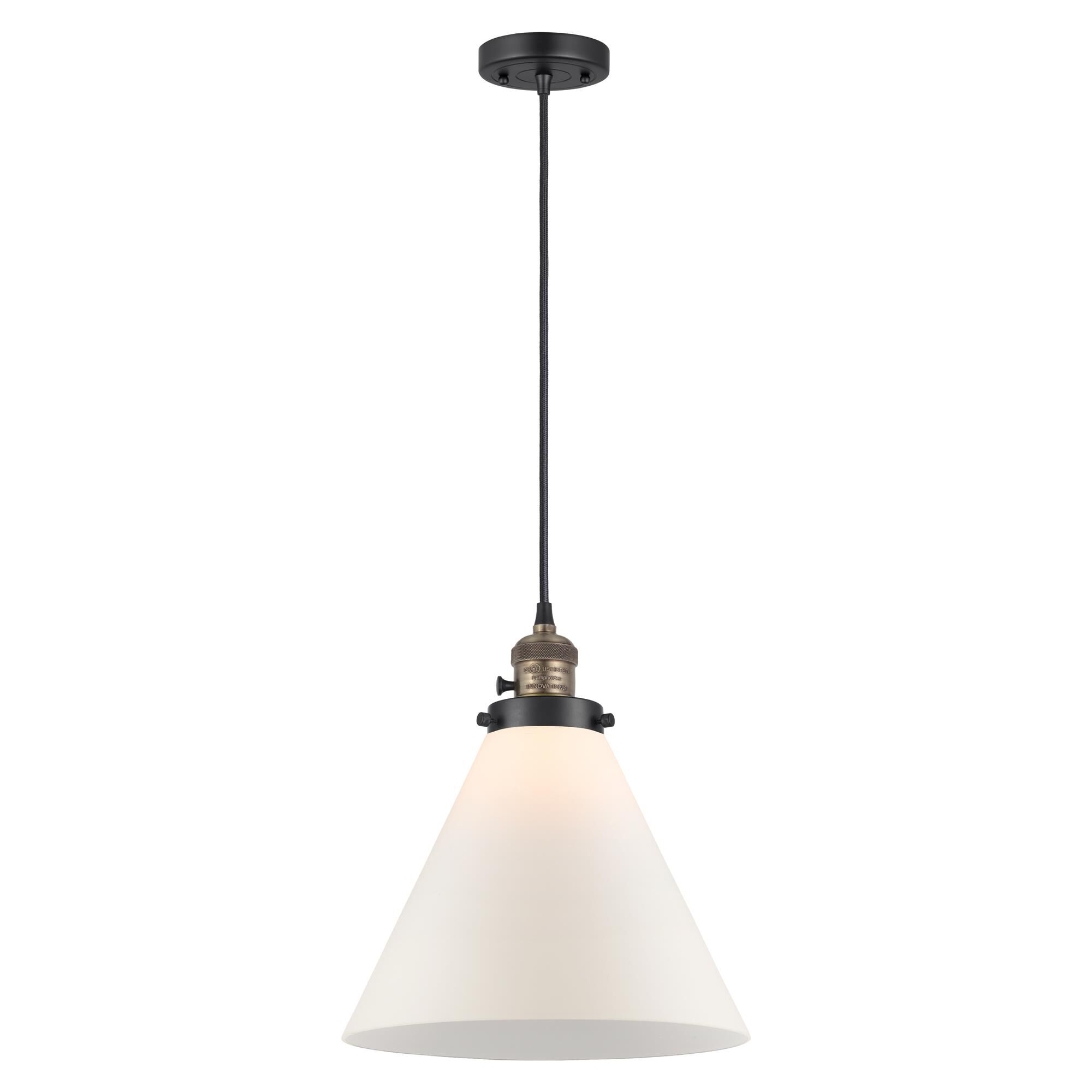 Shown in Black Antique Brass finish and Matte White Cased glass