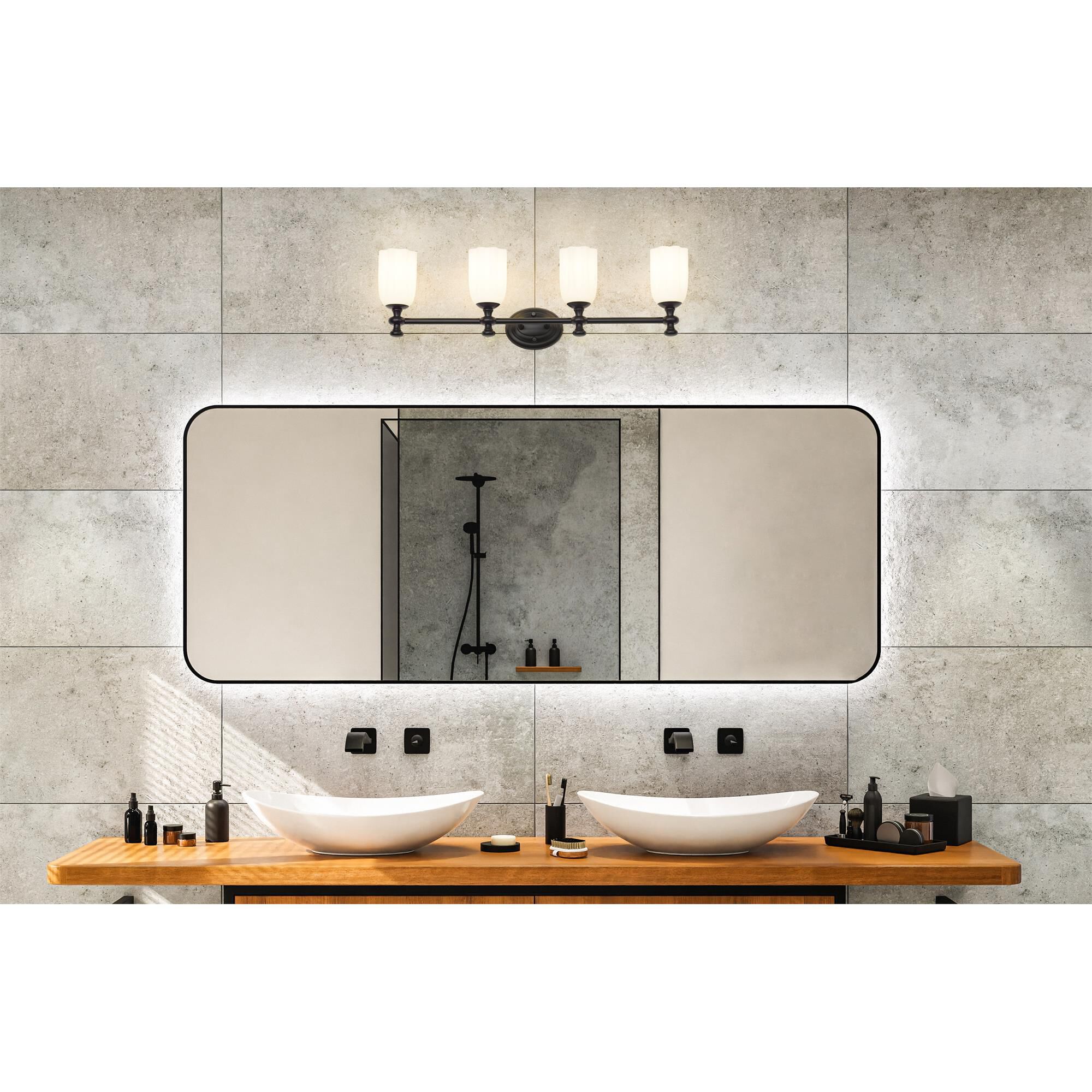 Shown in Matte Black finish and Opal Etched glass and Opal Etched shade