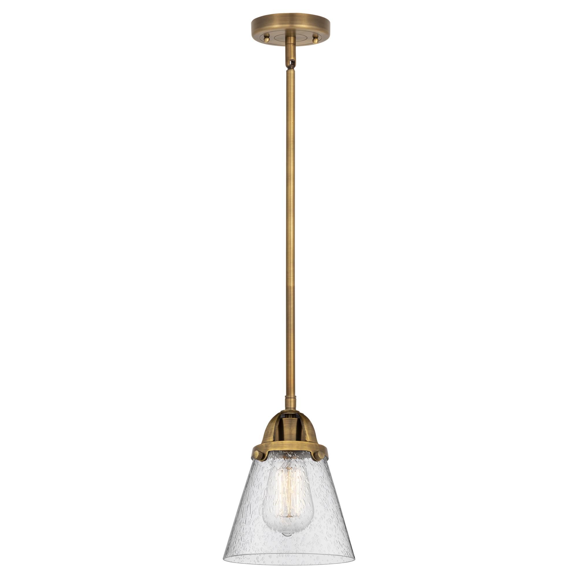 Shown in Brushed Brass finish and Seedy Small Cone glass and No Shade shade