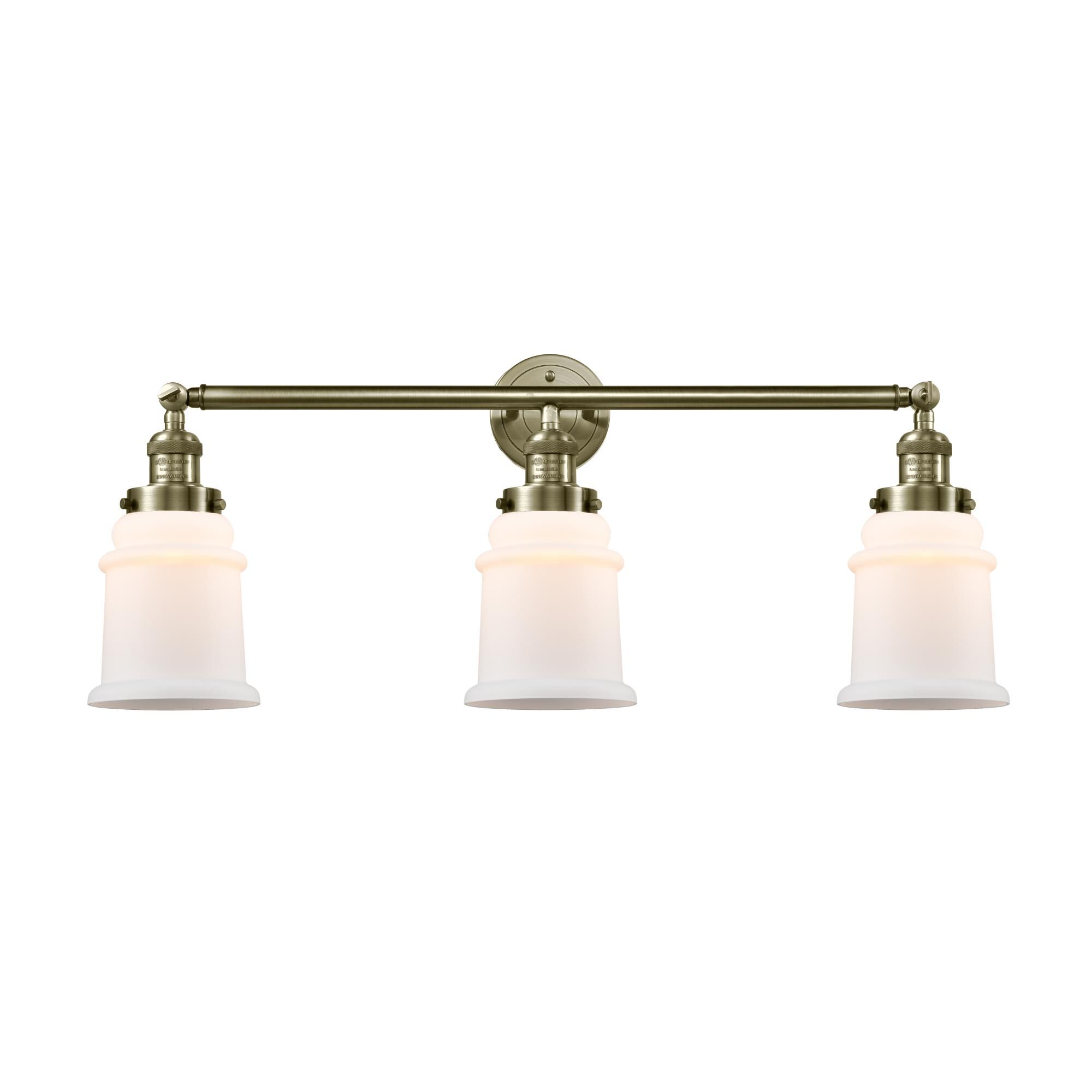 Shown in Antique Brass finish and Matte White Canton glass