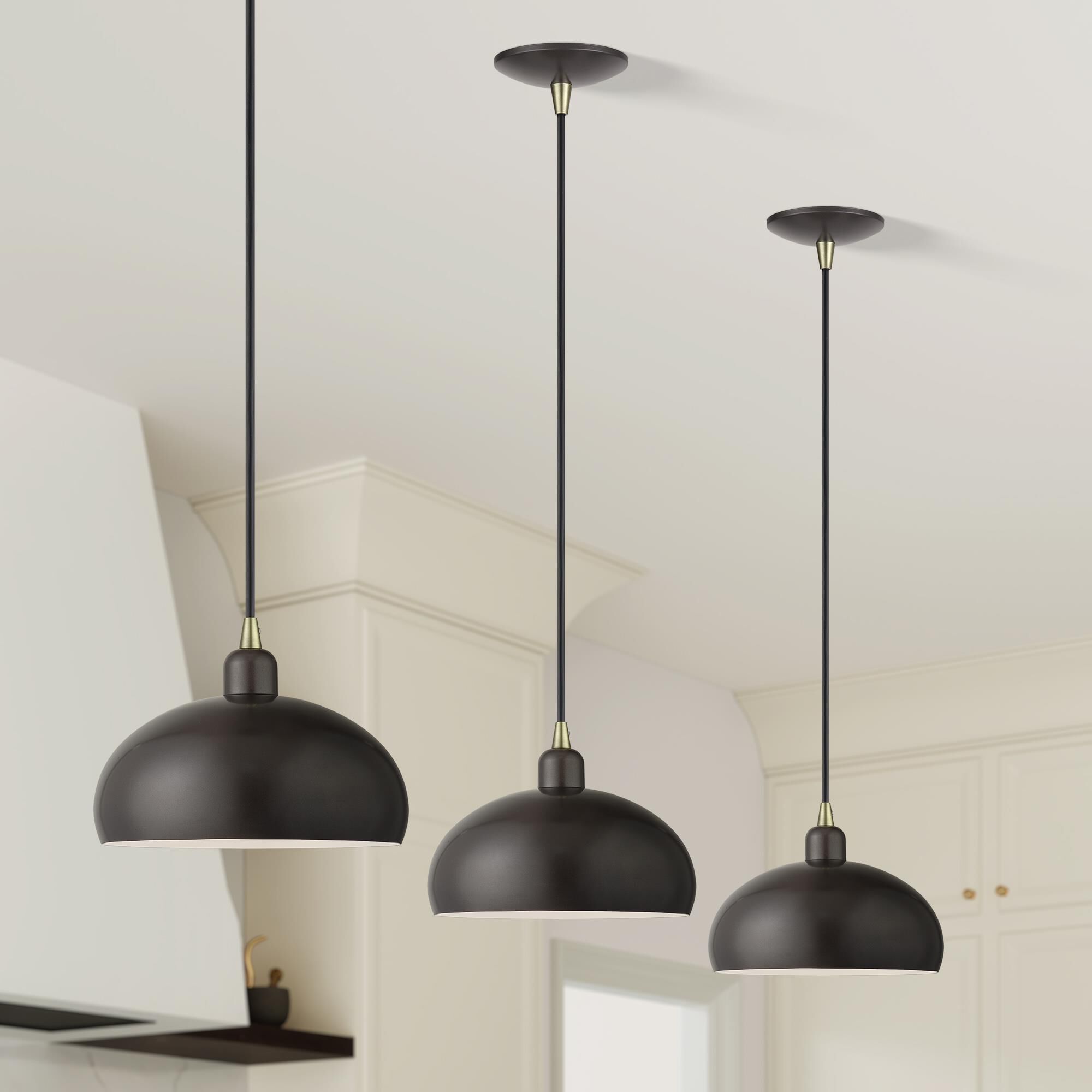 Shown in English Bronze with Antique Brass Accents finish and English Bronze Steel with Shiny White Inside shade