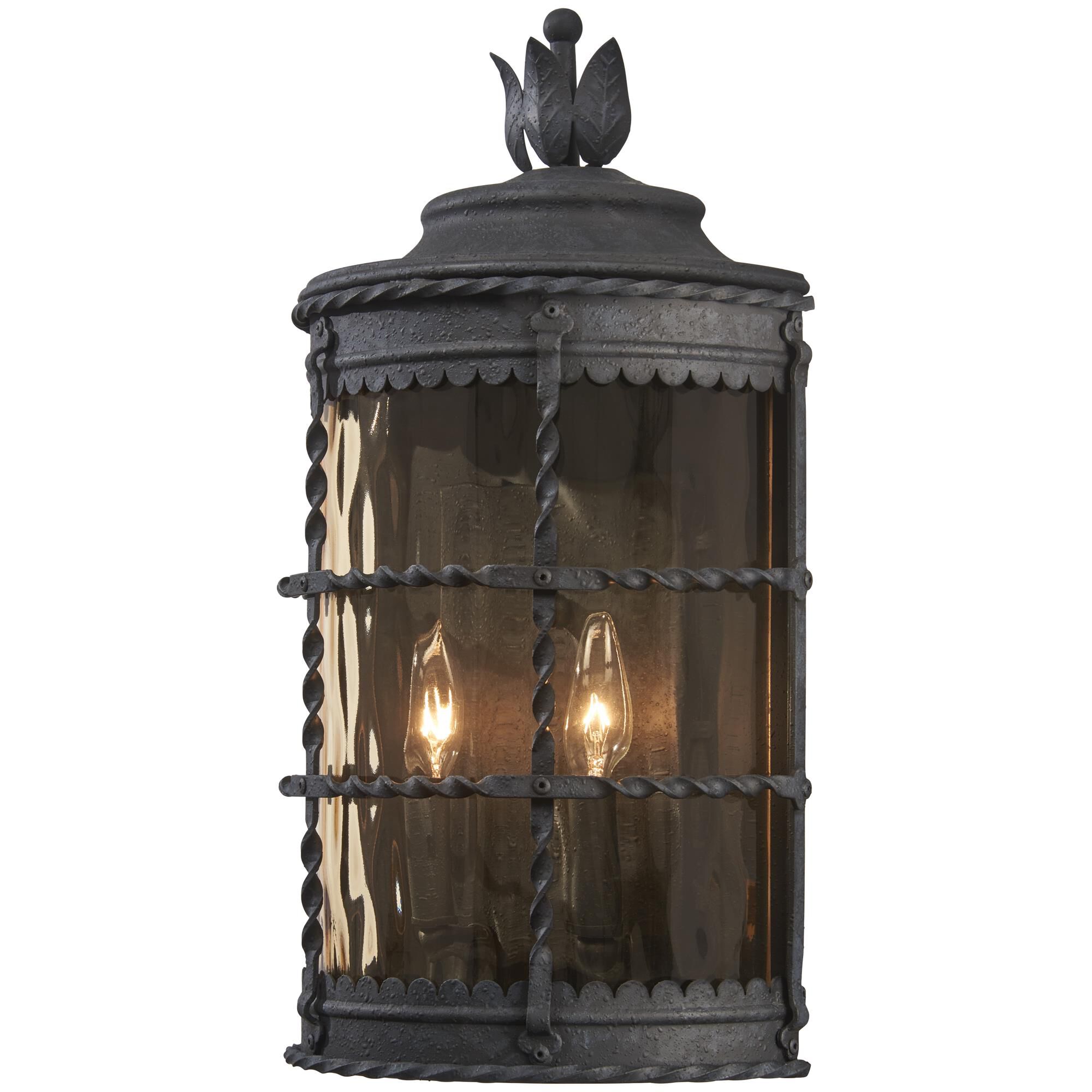 Shown in Spanish Iron finish and Champagne glass and Hammered Glass shade