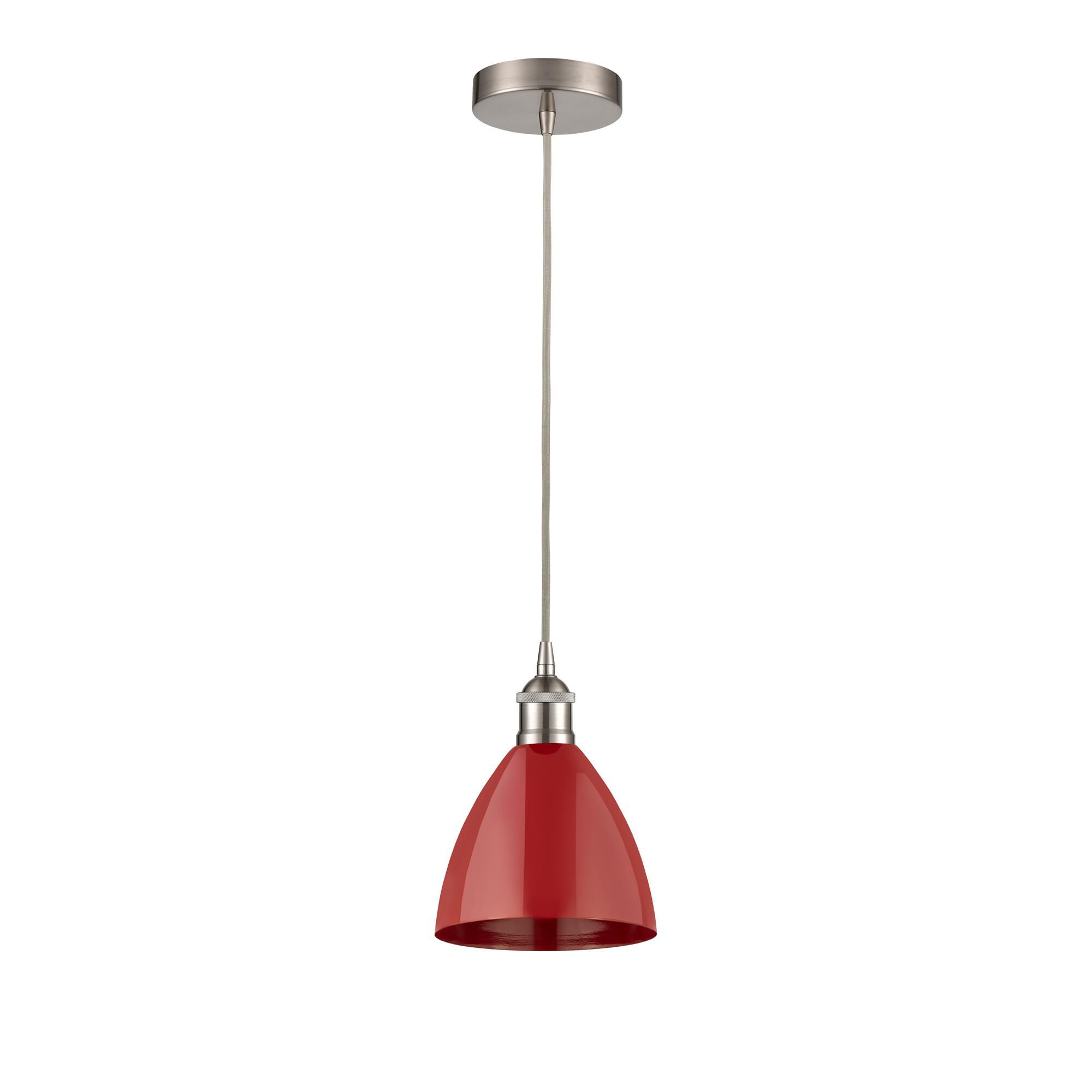 Shown in Brushed Satin Nickel finish and Red Plymouth Dome shade