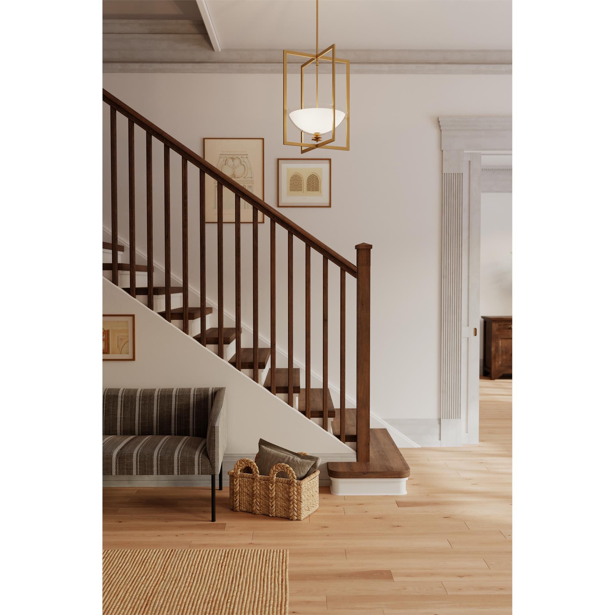 Shown in Legacy Brass finish and Clear and Opal White glass