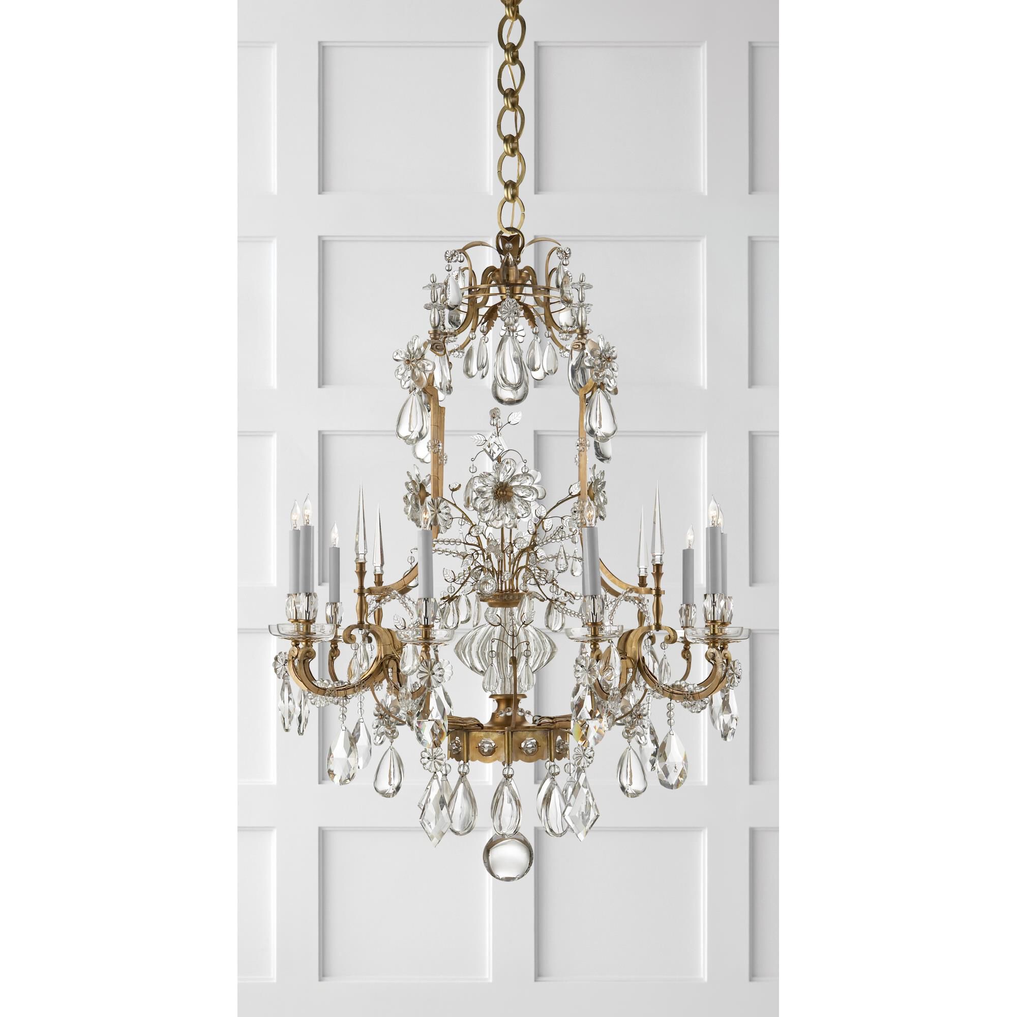 Shown in Hand-Rubbed Antique Brass finish and Crystal glass