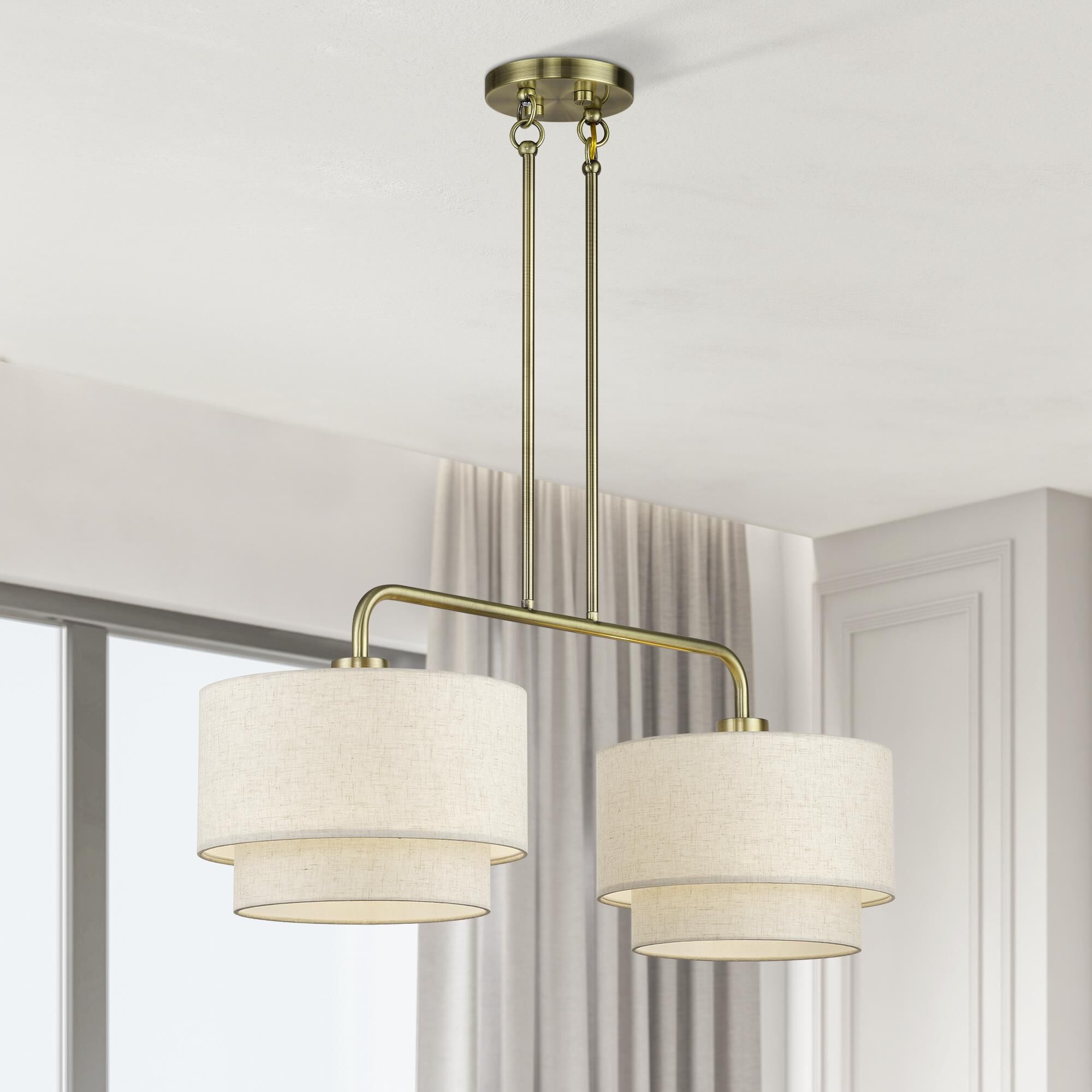 Shown in Antique Brass finish and Hand Crafted Oatmeal Color Fabric with White Color Inside shade