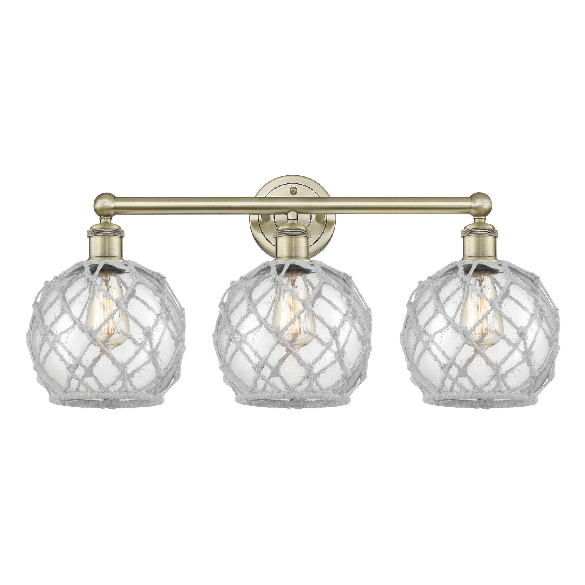 Shown in Antique Brass finish and Clear with White Rope glass