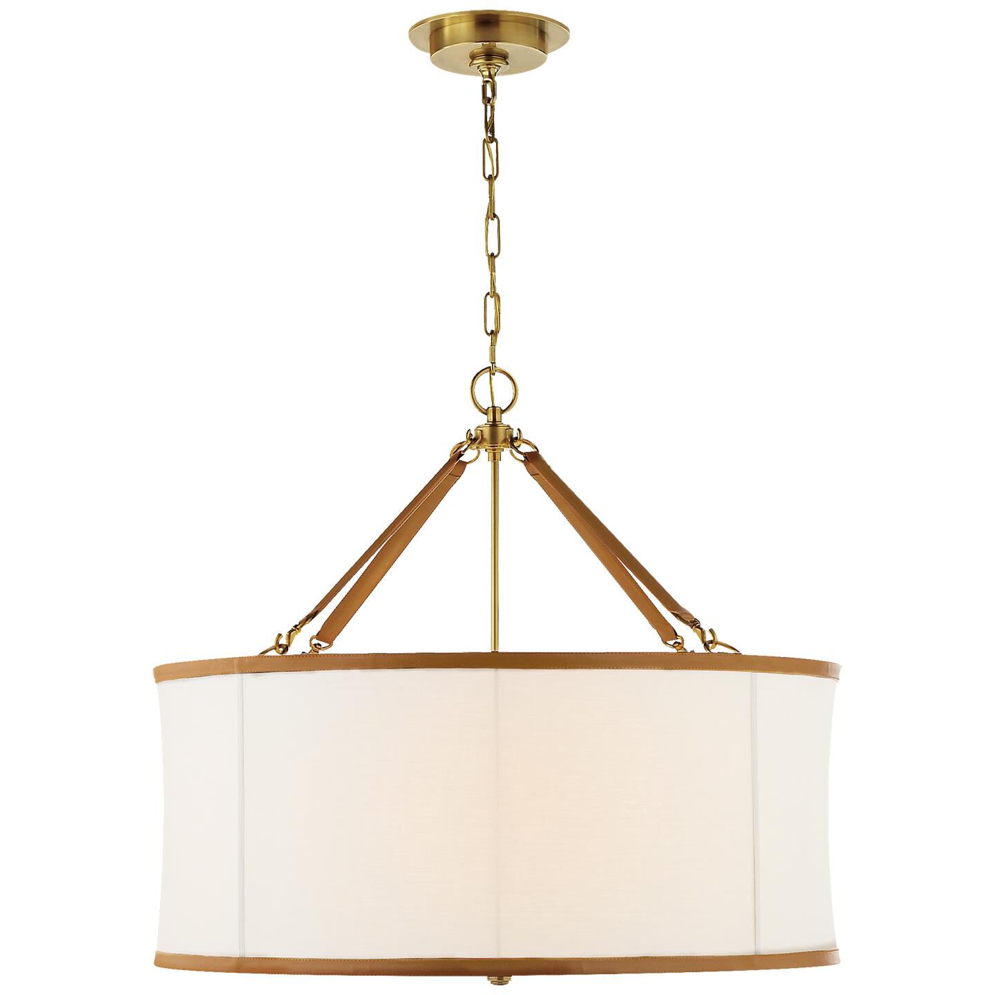 Shown in Natural Brass finish and Linen shade