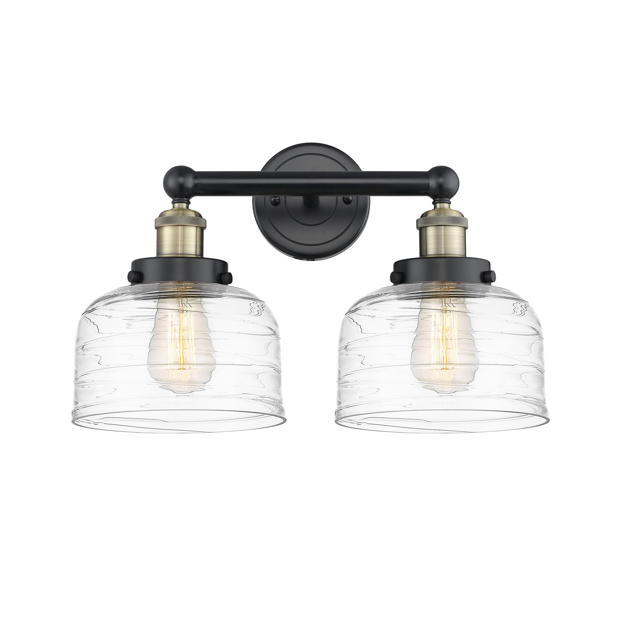 Shown in Black Antique Brass finish and Clear Deco Swirl glass