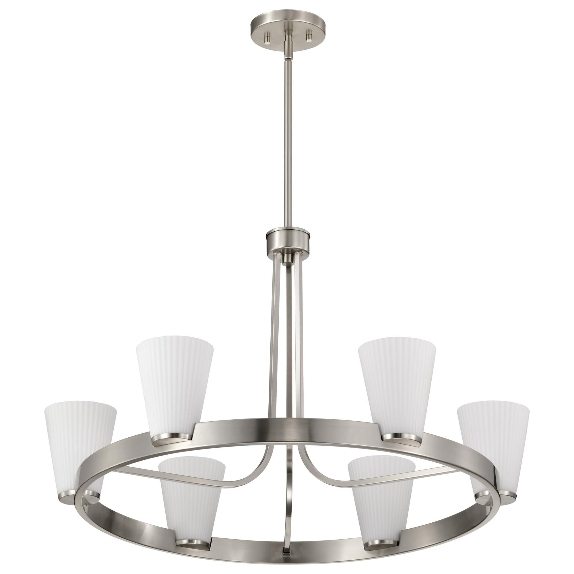 Shown in Brushed Nickel finish and Ribbed White glass